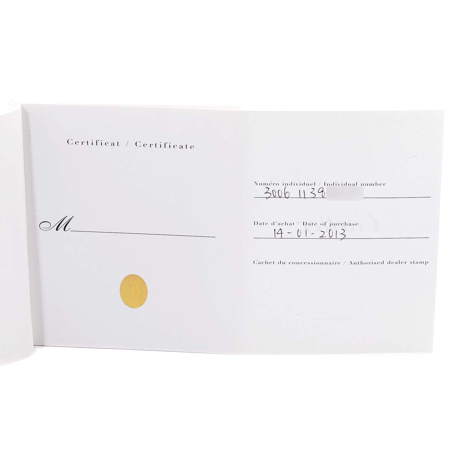 This image shows the certification and warranty card for the Ballon Bleu de Cartier watch.