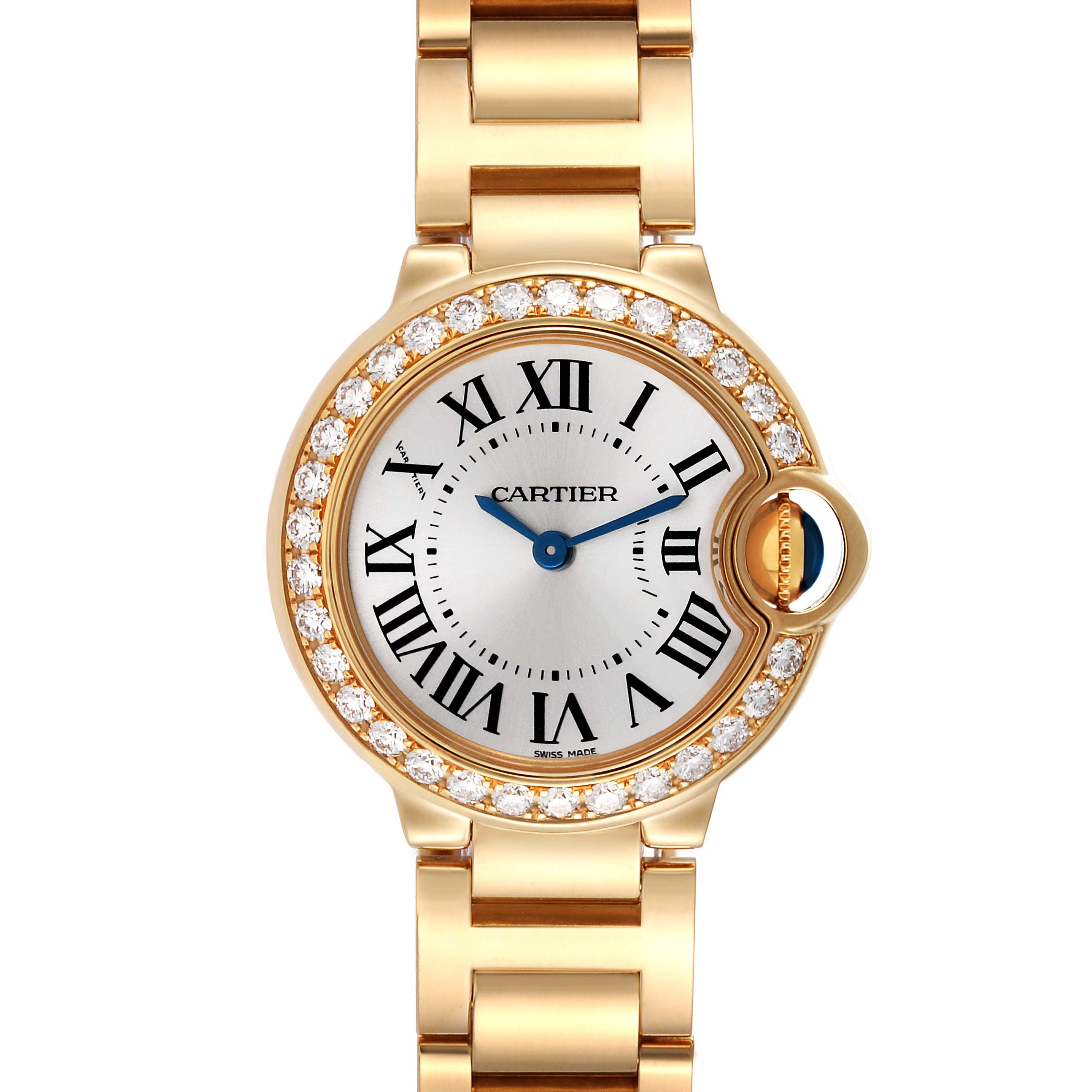 The image shows a front view of a Cartier Ballon Bleu WE9001Z3 Women's Yellow Gold Silver Dial WE9001Z3 Women's Yellow Gold Silver Dial watch with a gold band and diamond bezel.