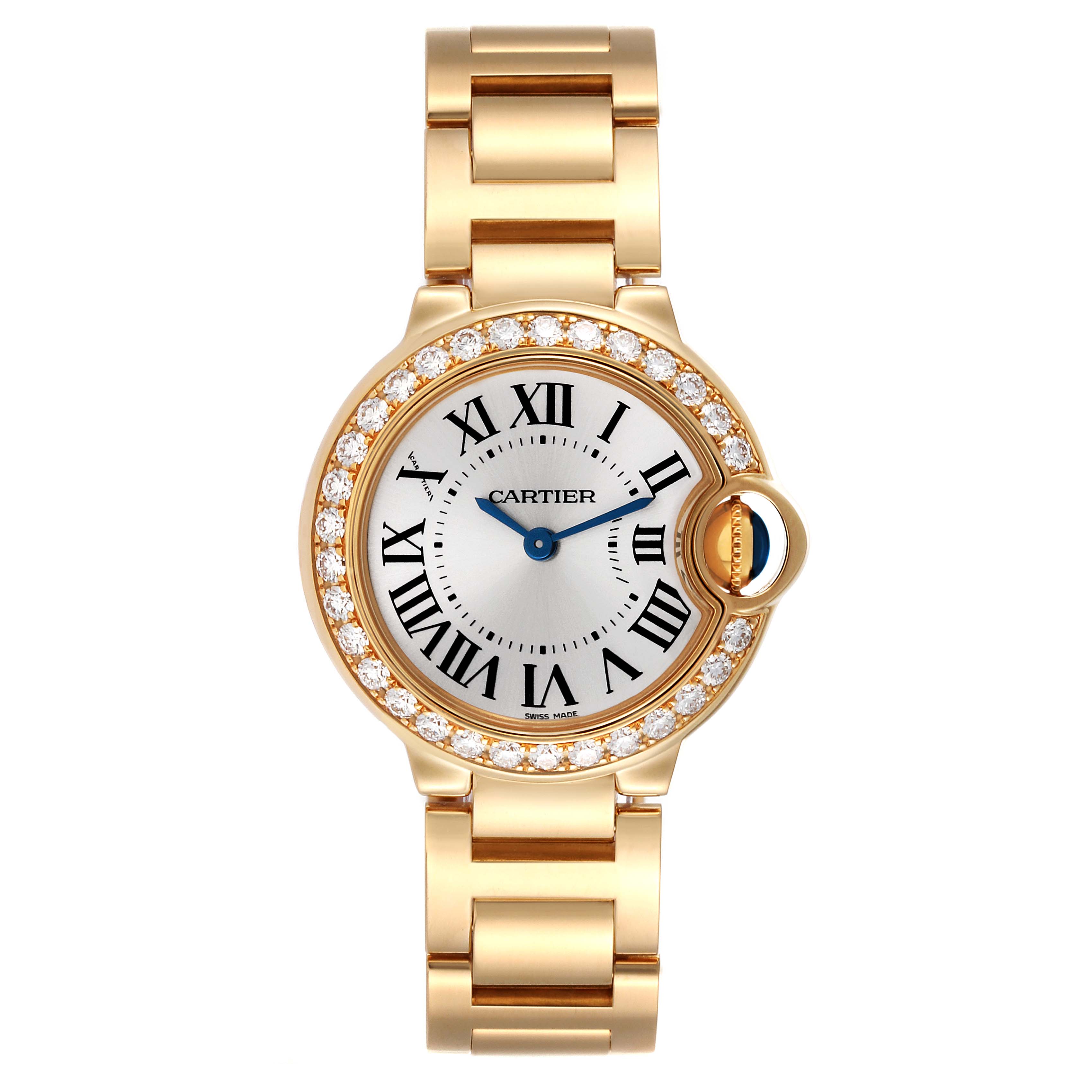 The image shows a frontal view of a Cartier Ballon Bleu WE9001Z3 Women's Yellow Gold Silver Dial WE9001Z3 Women's Yellow Gold Silver Dial watch, highlighting the dial, bezel, and part of the bracelet.