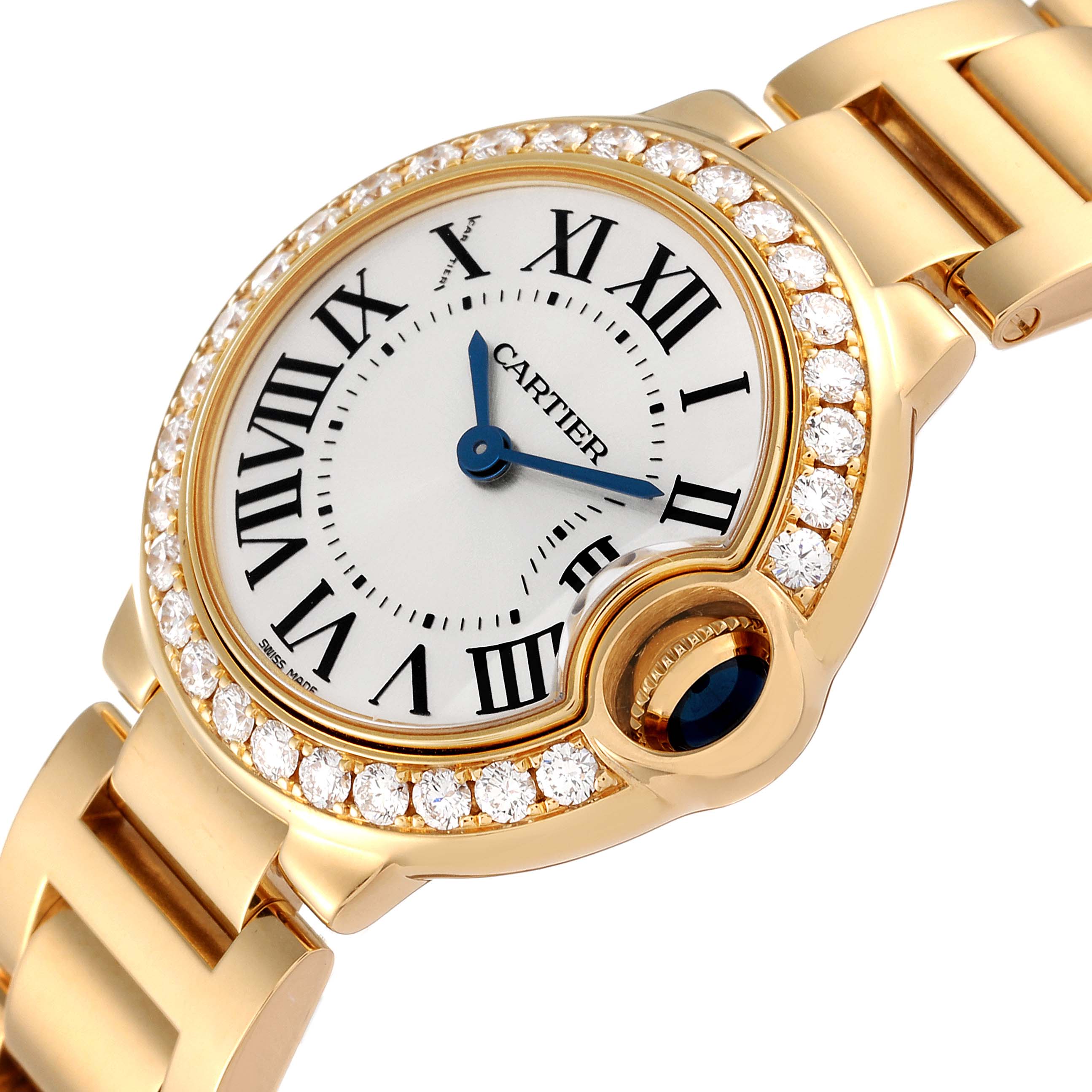 The image shows a close-up, top view of the Cartier Ballon Bleu WE9001Z3 Women's Yellow Gold Silver Dial WE9001Z3 Women's Yellow Gold Silver Dial watch, highlighting its face, diamond bezel, and part of its bracelet.