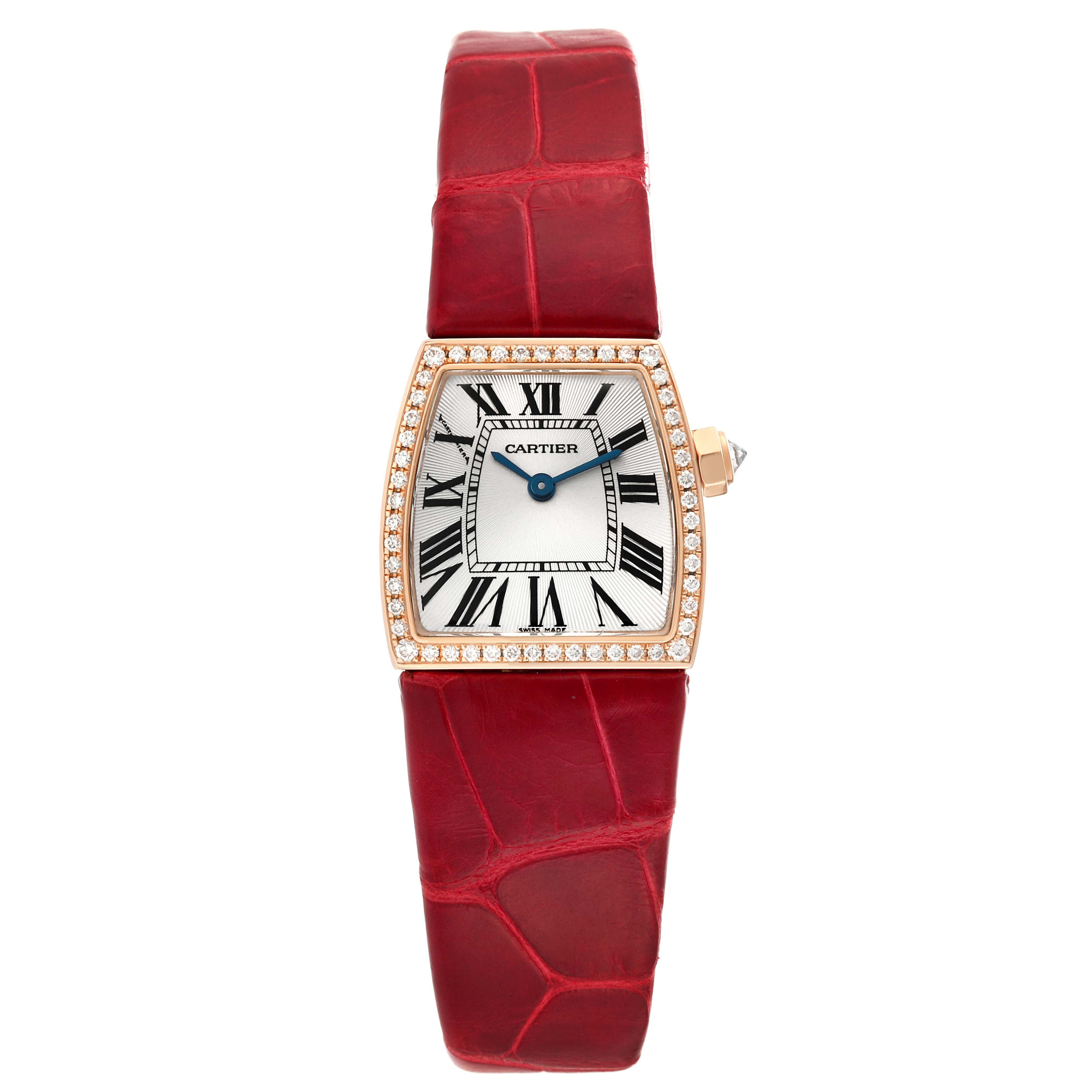 This image shows a frontal view of a Cartier La Dona WE600651 Women's Rose Gold Silver Dial WE600651 Women's Rose Gold Silver Dial watch, highlighting its diamond-accented bezel and red leather strap.