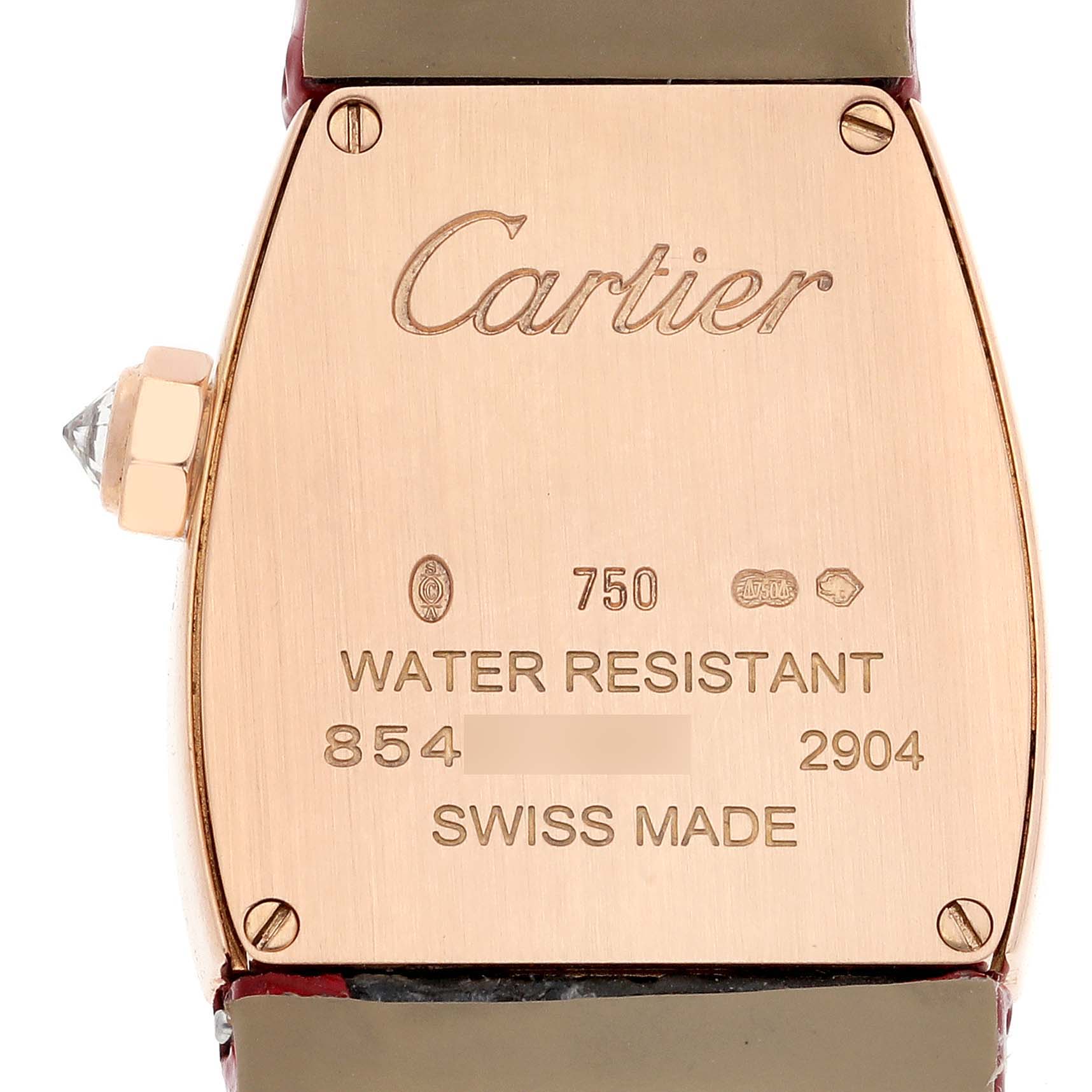 The image shows the back case of a La Dona de Cartier watch, highlighting the engraved brand name and specifications.