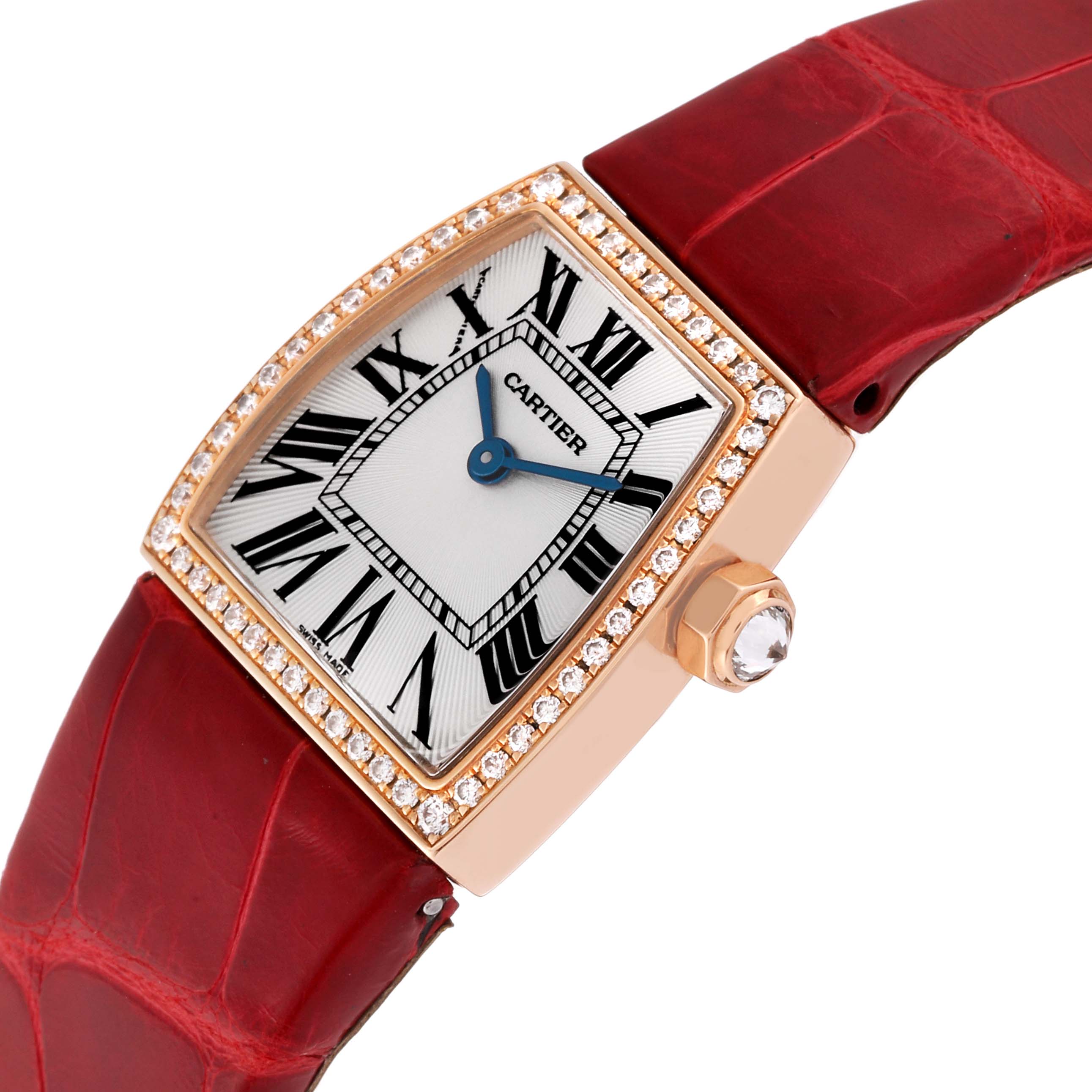 This image shows a Cartier La Dona WE600651 Women's Rose Gold Silver Dial WE600651 Women's Rose Gold Silver Dial watch, highlighting the face, bezel with diamonds, and part of the red strap.