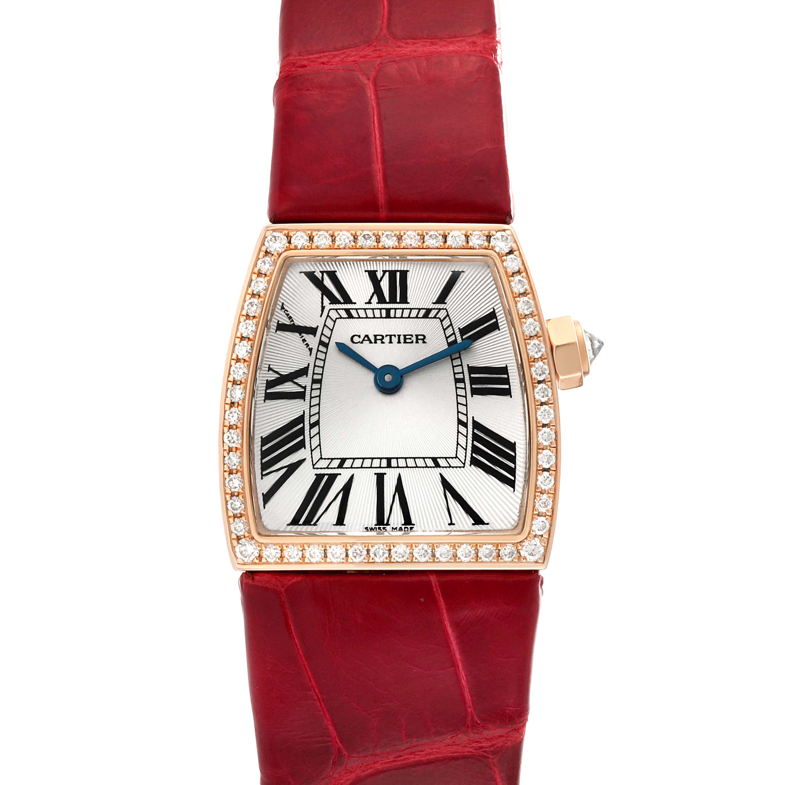 The image shows the front view of a Cartier La Dona WE600651 Women's Rose Gold Silver Dial WE600651 Women's Rose Gold Silver Dial watch with a red leather strap and diamond-studded bezel.