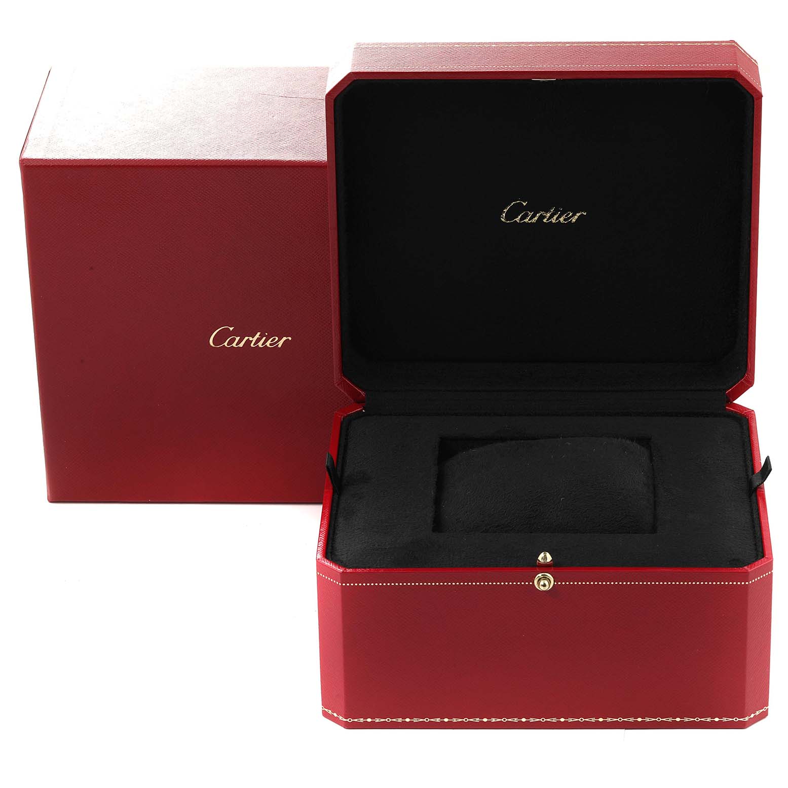 The image shows an open red Cartier box for the La Dona model watch, displaying the interior cushion and case.