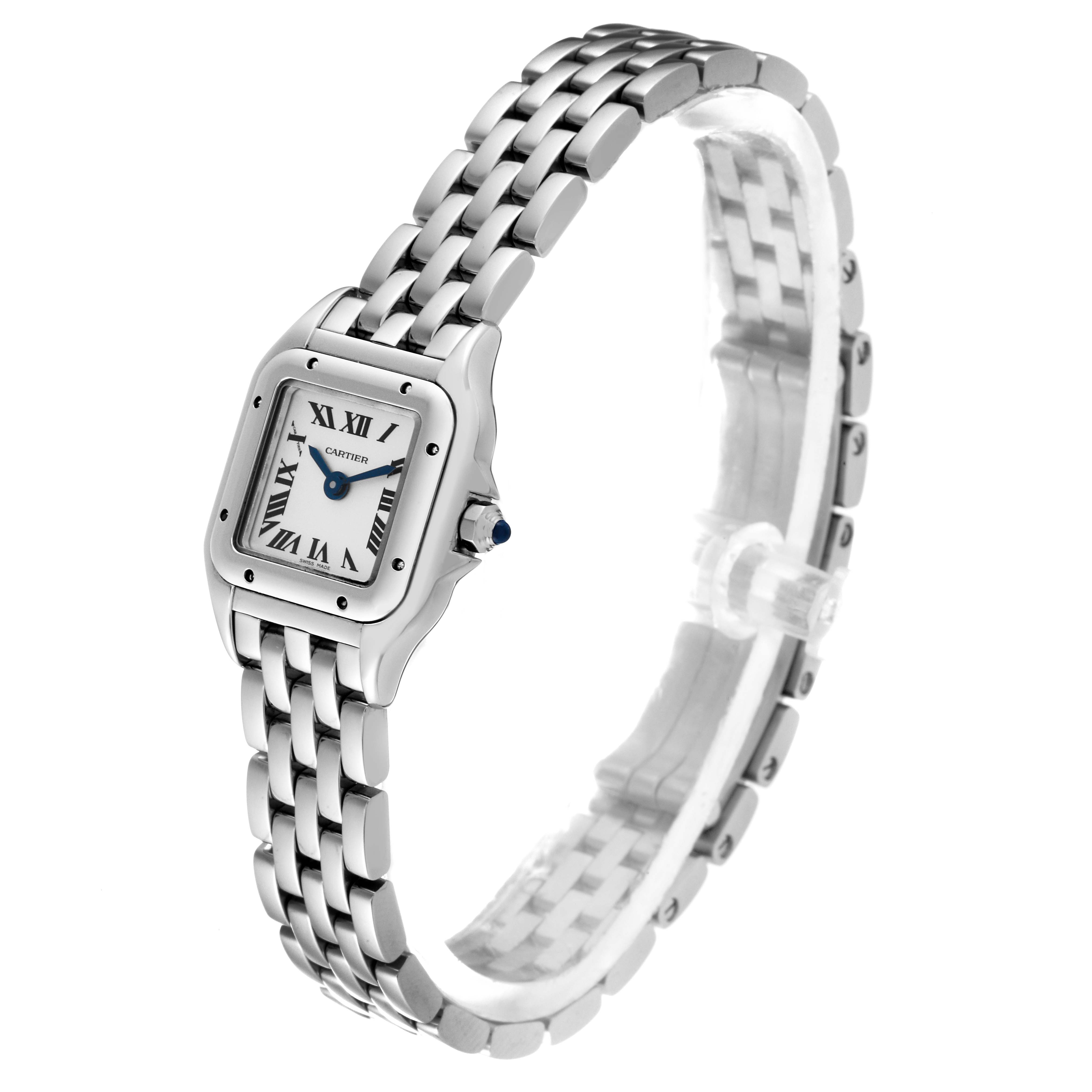 This image shows a Cartier Panthere WSPN0019 Women
s Stainless Steel Silver Dial WSPN0019 Women
s Stainless Steel Silver Dial watch at a slight angle, highlighting its face, bracelet, and crown.