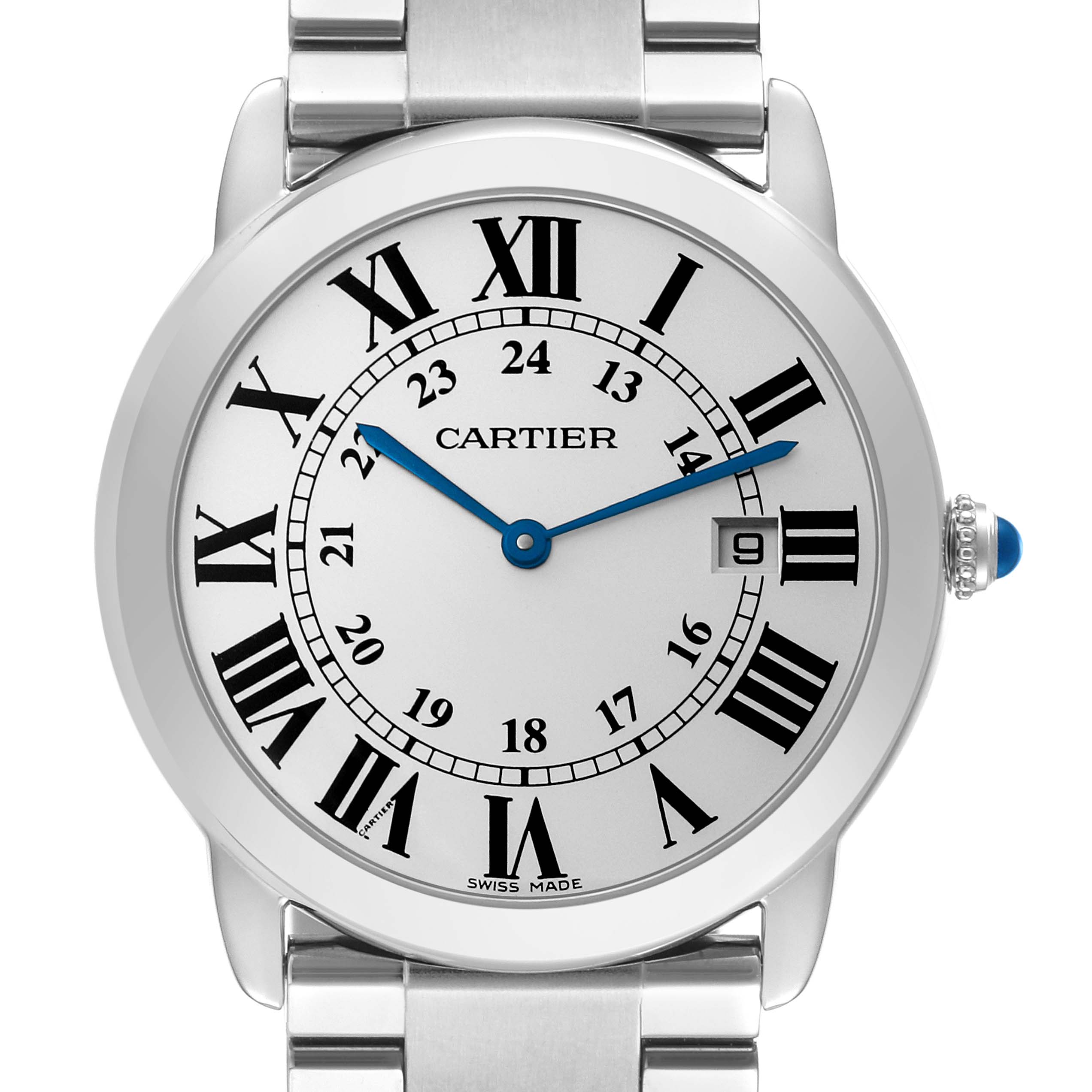 This image shows a full frontal view of a Cartier Ronde W6701005 Men
s Stainless Steel Silver Dial W6701005 Men
s Stainless Steel Silver Dial watch, highlighting the dial, Roman numerals, hands, and date window.
