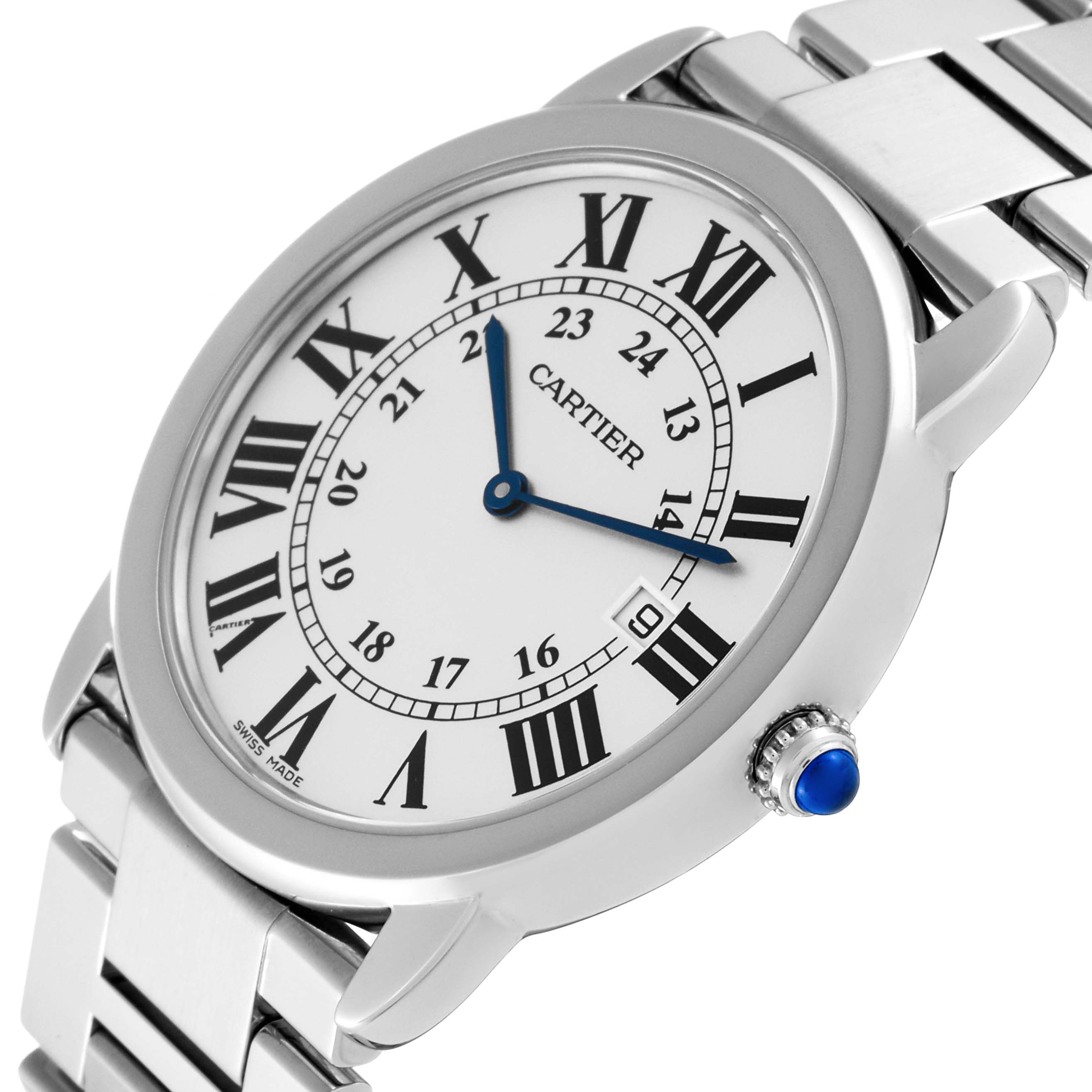 The Cartier Ronde W6701005 Men
s Stainless Steel Silver Dial W6701005 Men
s Stainless Steel Silver Dial watch is shown at an angle, displaying its face, bezel, crown, and bracelet.