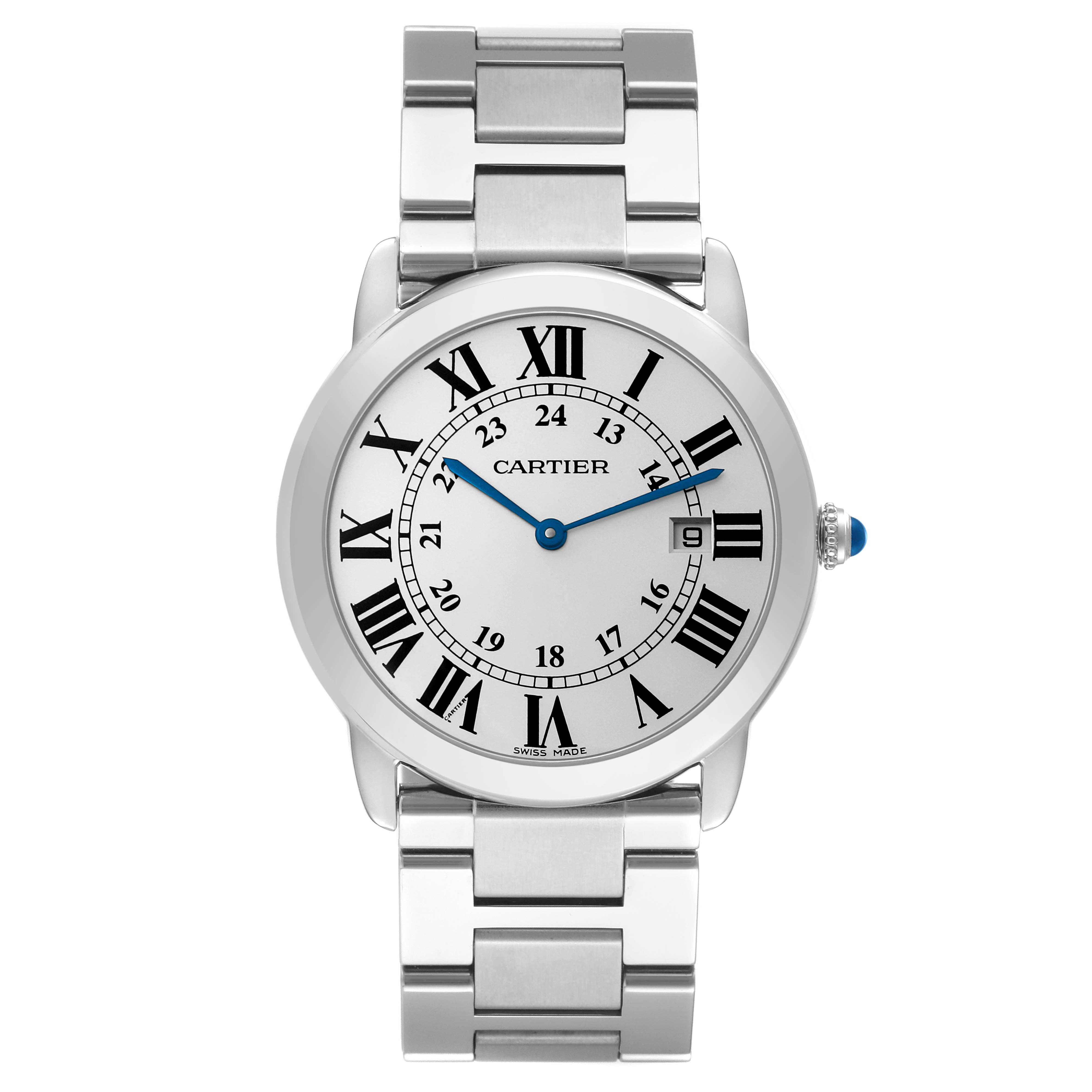 The image shows a front view of a Cartier Ronde W6701005 Men
s Stainless Steel Silver Dial W6701005 Men
s Stainless Steel Silver Dial model watch, highlighting its face, numerals, hands, case, crown, and bracelet.