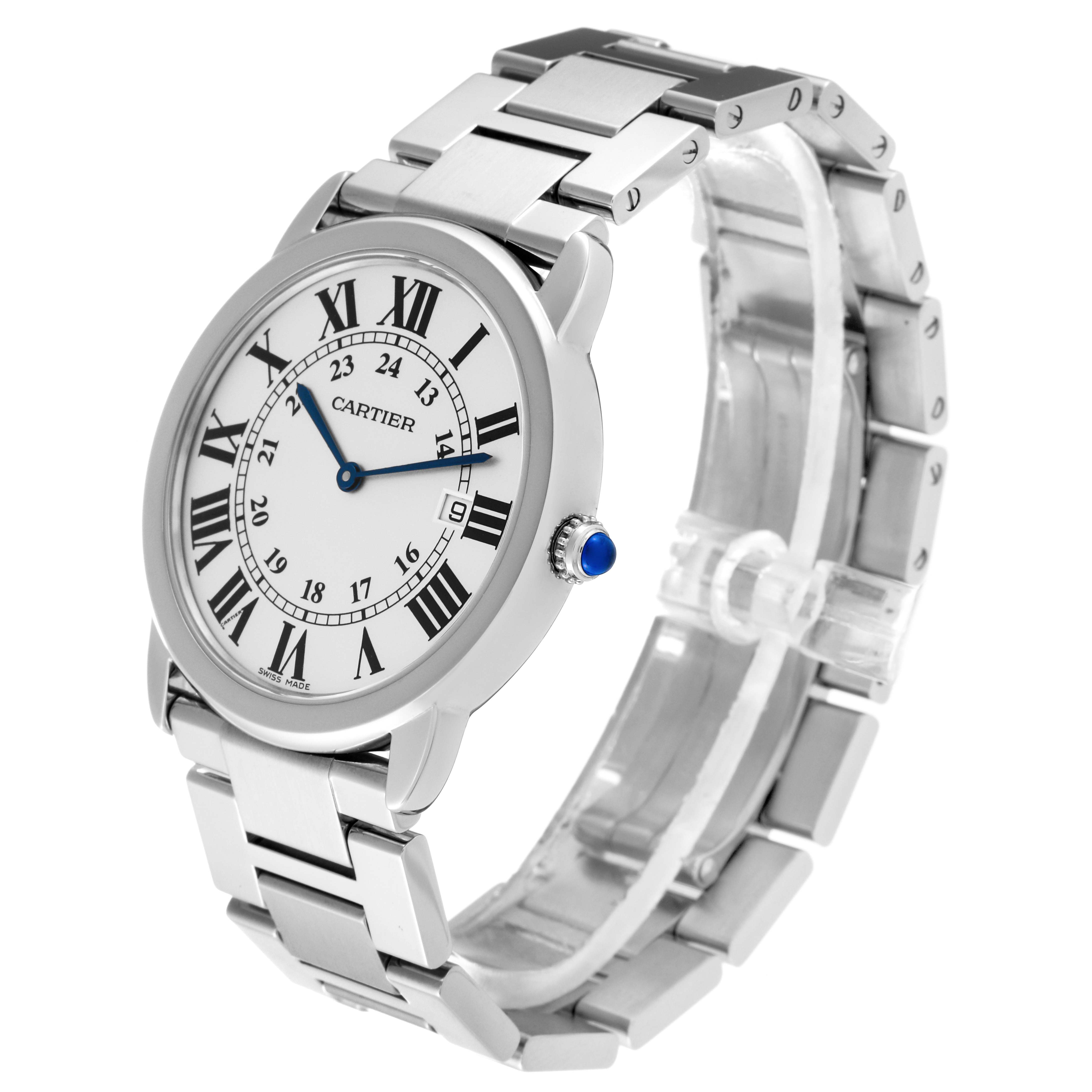 The image shows a Cartier Ronde W6701005 Men
s Stainless Steel Silver Dial W6701005 Men
s Stainless Steel Silver Dial watch from a slight angle, highlighting the face, crown, and metal bracelet.
