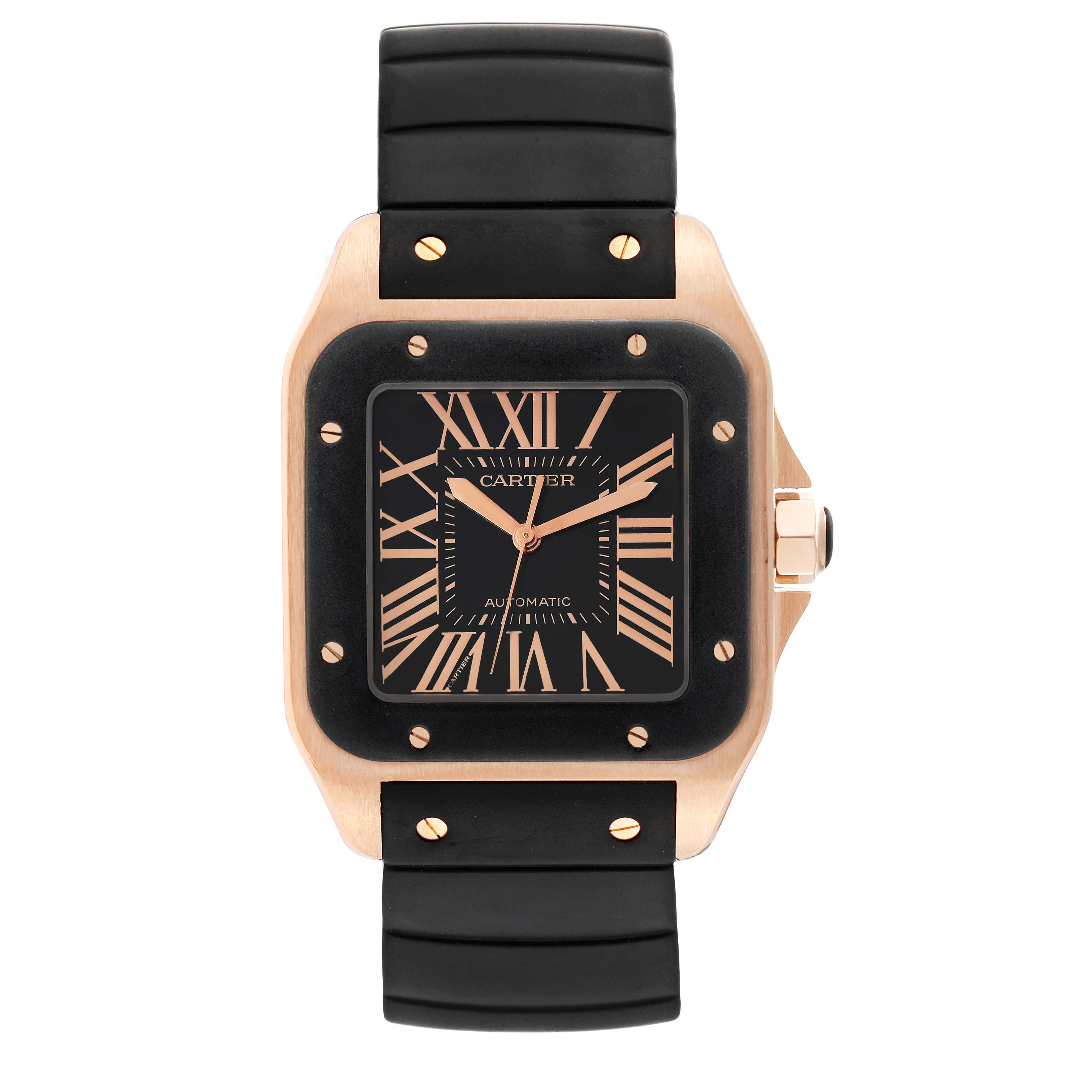 The Cartier Santos W20124U2 Men's Rose Gold Black Dial W20124U2 Men's Rose Gold Black Dial watch is shown from the front, displaying its black dial, rose gold casing, and black rubber strap.