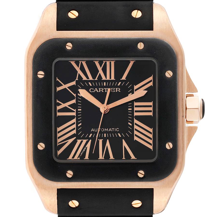 Cartier Santos 100 Rose Gold Black Dial Mens Watch W20124U2 SwissWatchExpo