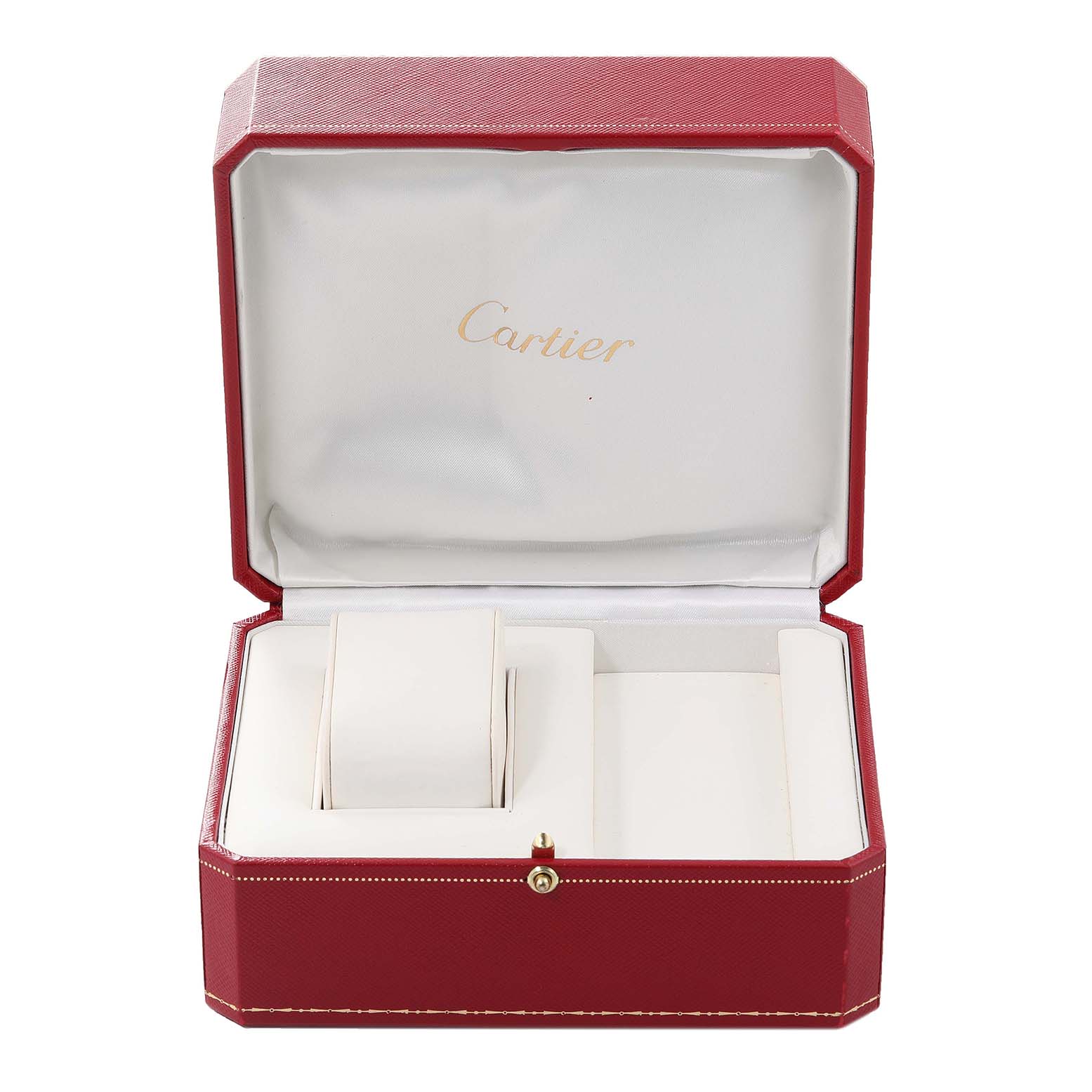 This image shows an open red box for a Cartier Santos W20091X7 Men
s Stainless Steel Silver Dial W20091X7 Men
s Stainless Steel Silver Dial watch, displaying compartments for the watch and accessories.