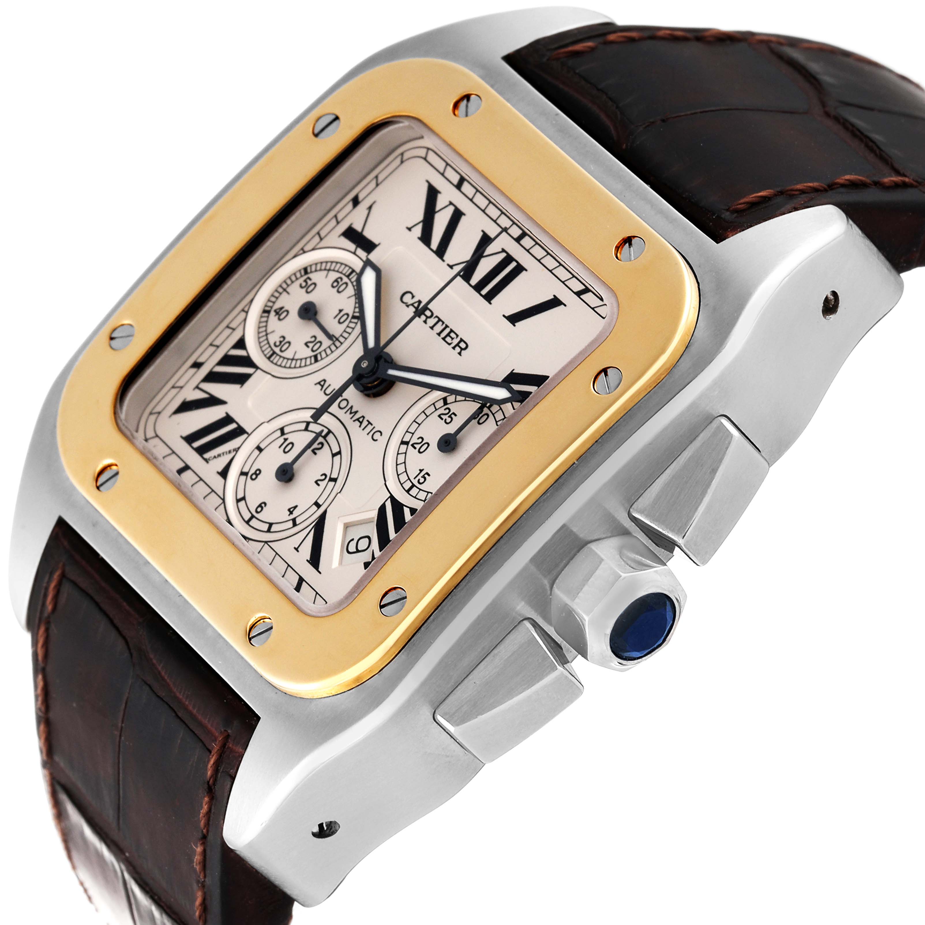 The Cartier Santos W20091X7 Men
s Stainless Steel Silver Dial W20091X7 Men
s Stainless Steel Silver Dial model watch is shown at an angle, displaying the face, crown, bezel, and part of the leather strap.