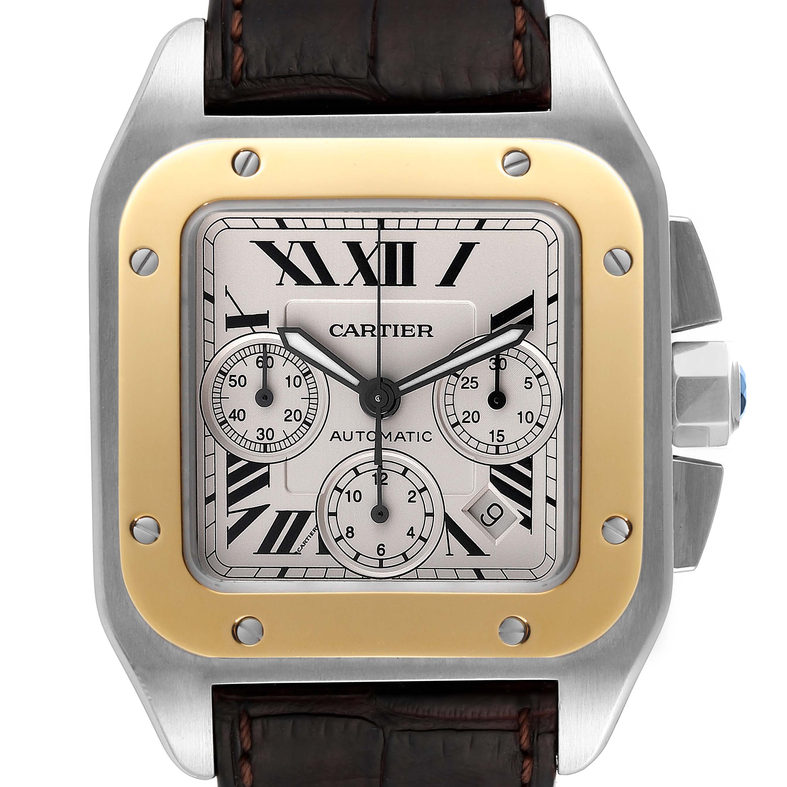 This image shows a front view of the Cartier Santos W20091X7 Men
s Stainless Steel Silver Dial W20091X7 Men
s Stainless Steel Silver Dial model watch, highlighting its dial, bezel, sub-dials, and crown.