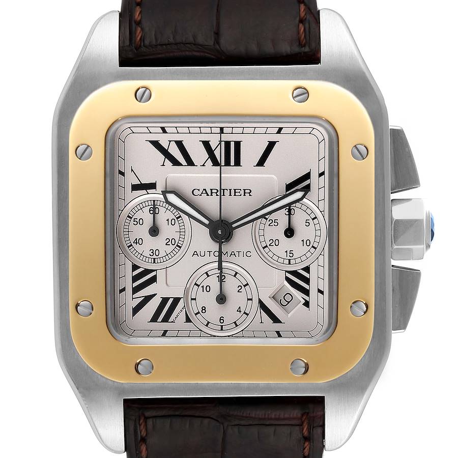 Cartier Santos 100 XL Steel Yellow Gold Chronograph Mens Watch W20091X7 SwissWatchExpo