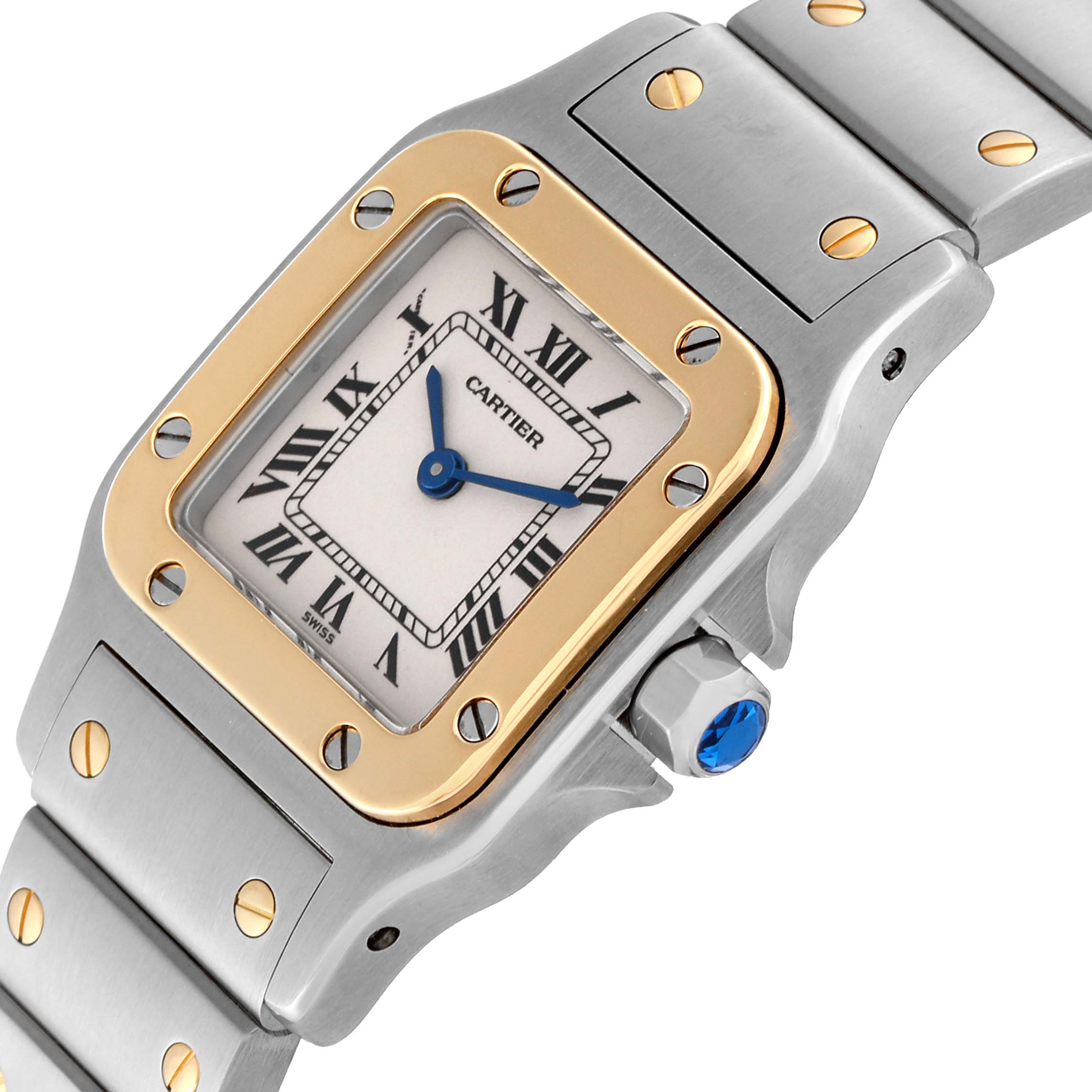 This image shows a close-up angle of the Cartier Santos W20012C4 Women's Steel and Gold (two tone) Silver Dial W20012C4 Women's Steel and Gold (two tone) Silver Dial watch, highlighting the bezel, dial, bracelet, and crown.