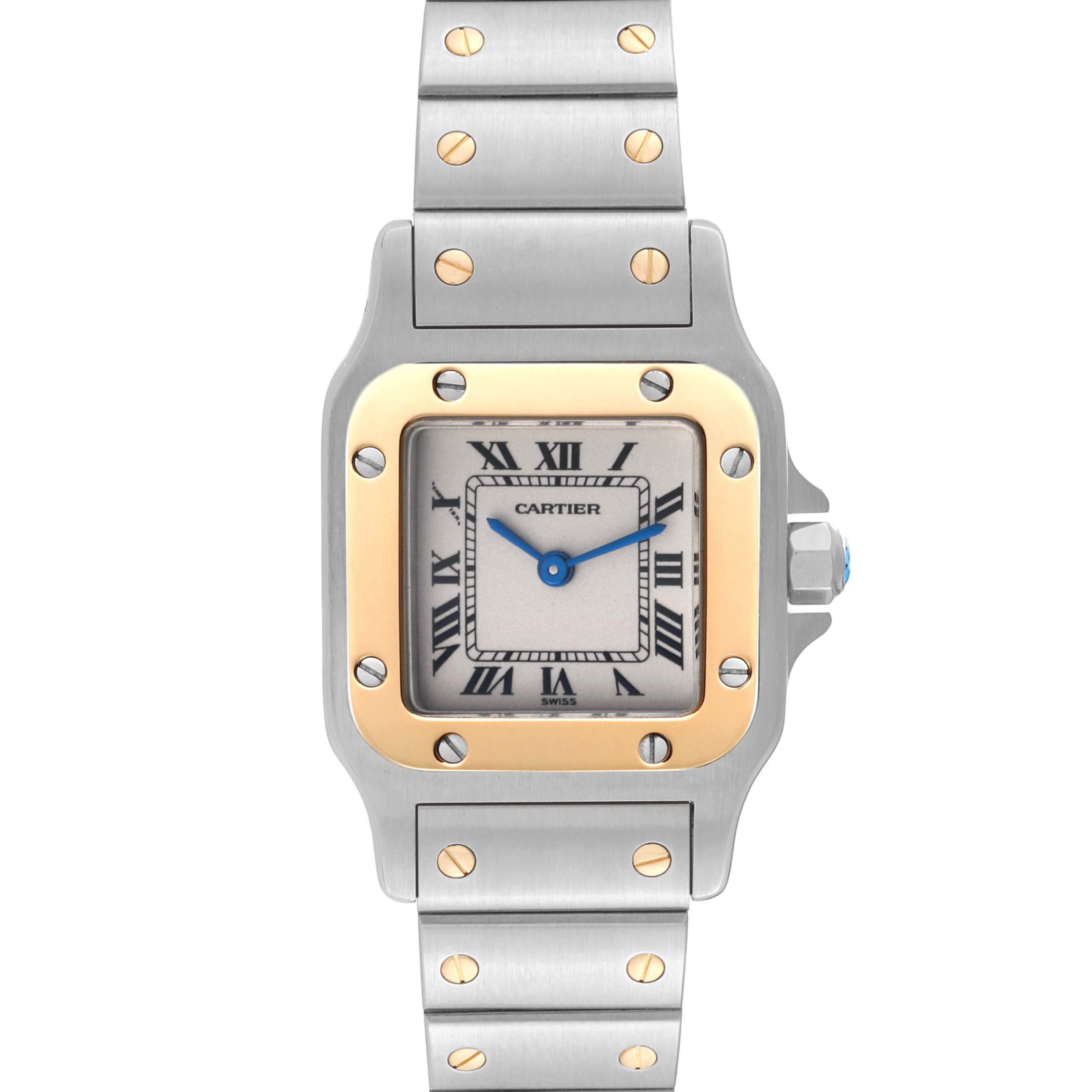 The image shows a frontal view of the Cartier Santos W20012C4 Women's Steel and Gold (two tone) Silver Dial W20012C4 Women's Steel and Gold (two tone) Silver Dial model watch, highlighting its face, bezel, and part of the bracelet.