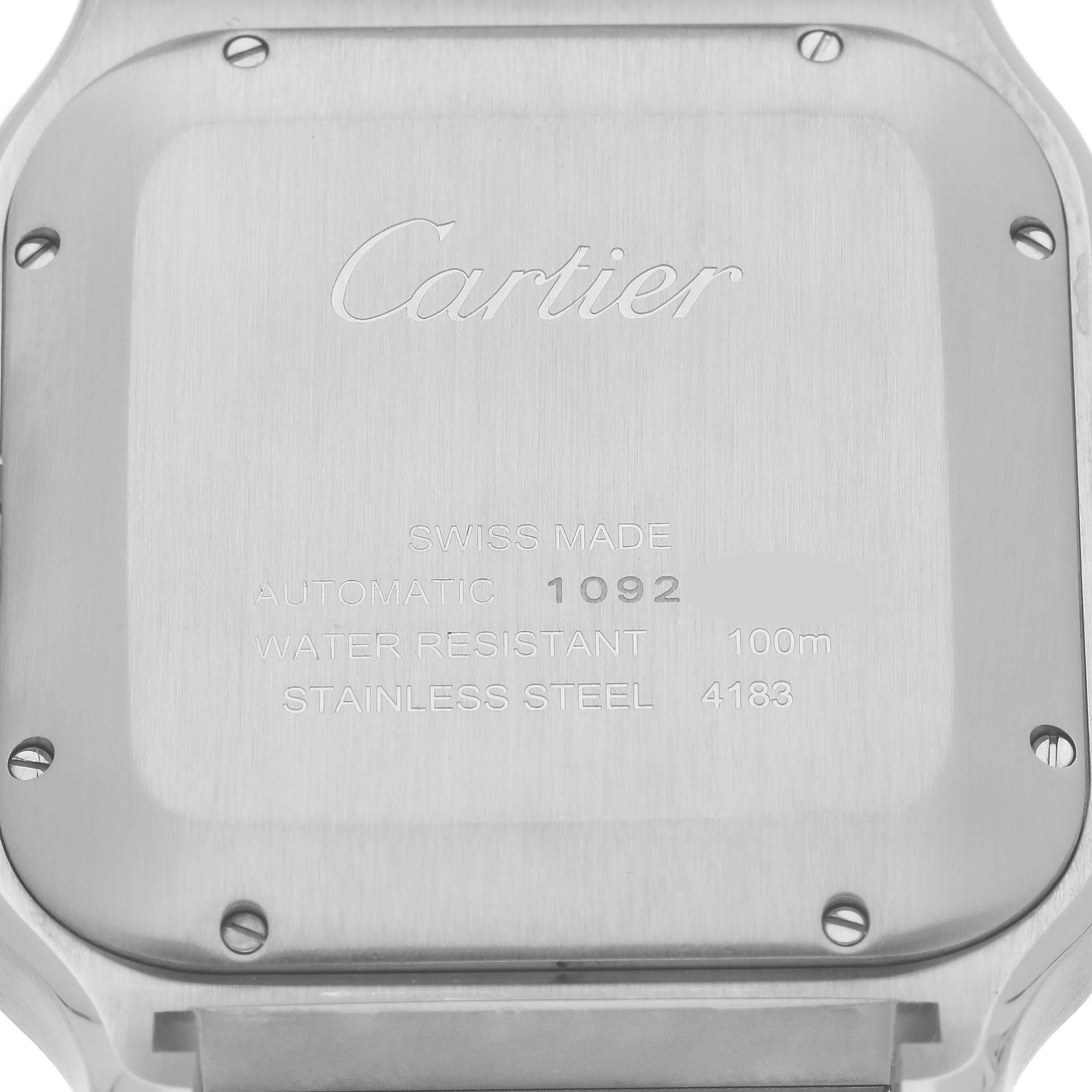 The image shows the case back of a Cartier Santos W2SA0008 Men's Steel and Gold (two tone) Silver Dial W2SA0008 Men's Steel and Gold (two tone) Silver Dial watch, highlighting its specifications and engraving.