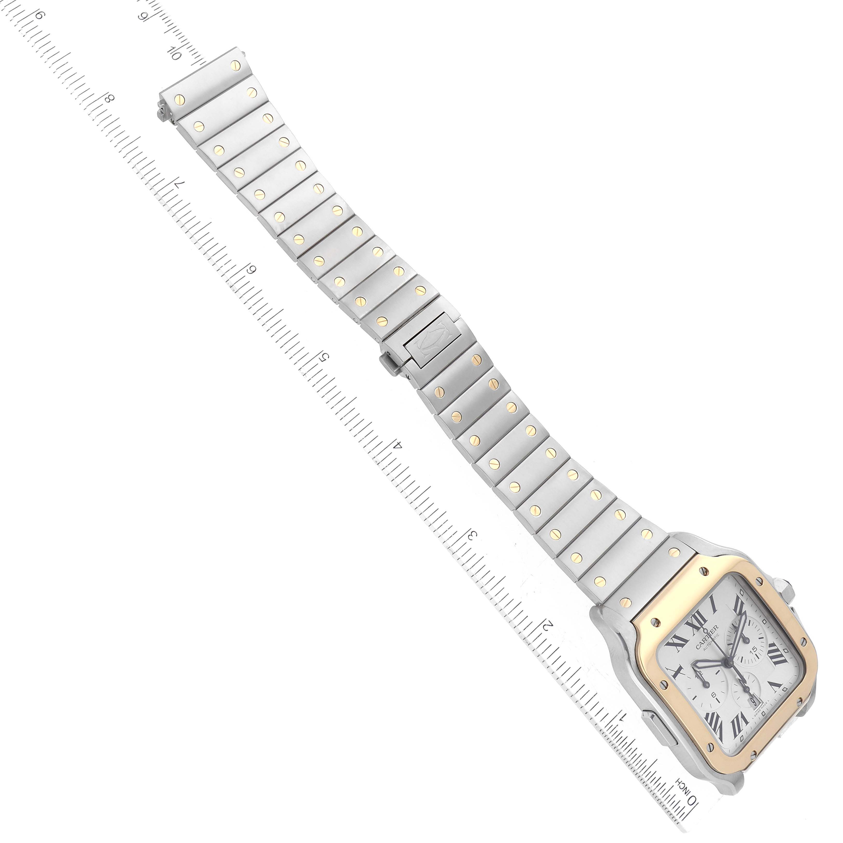 The image shows a top-down view of a Santos model watch by Cartier, highlighting the face, band, and clasp.