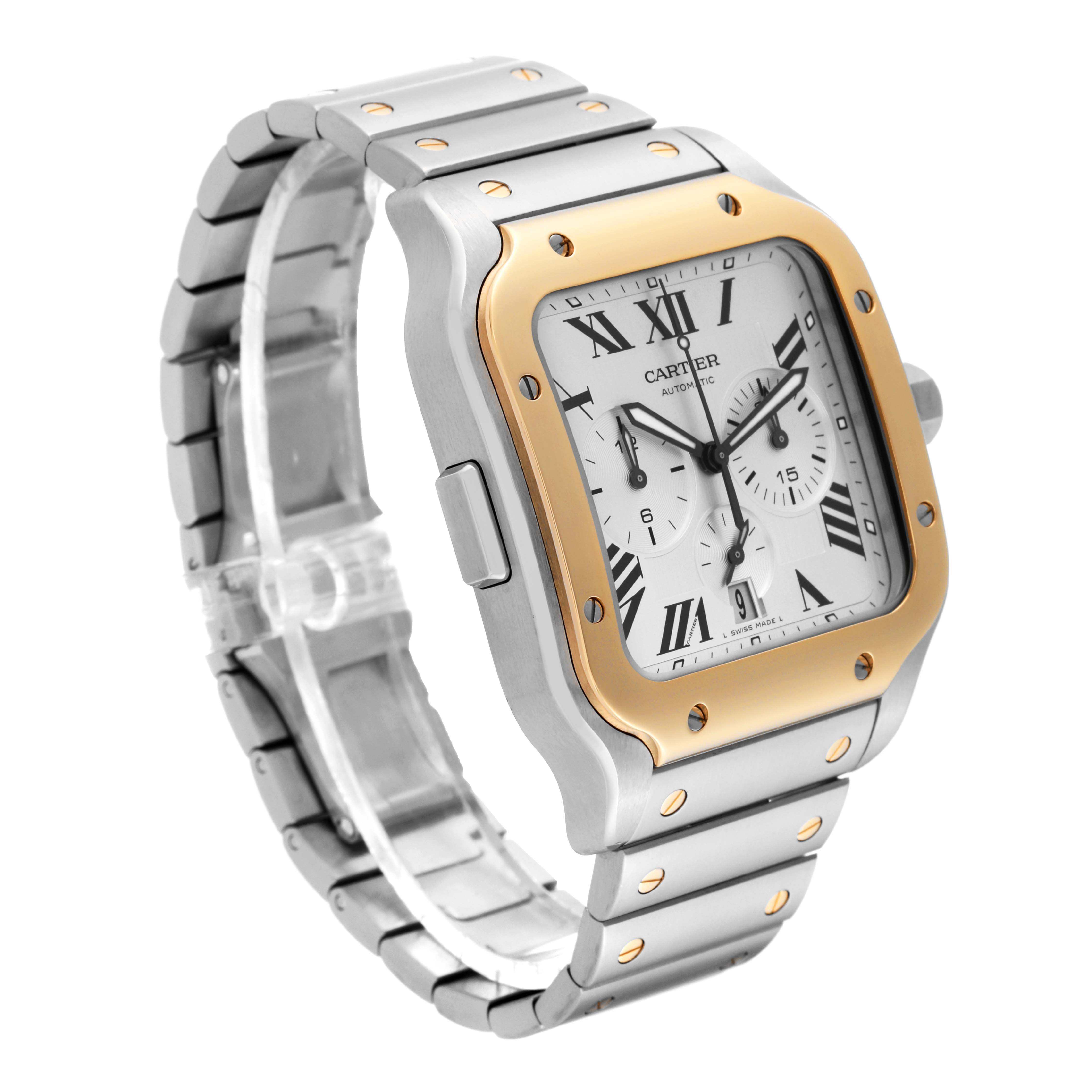 This Cartier Santos W2SA0008 Men's Steel and Gold (two tone) Silver Dial W2SA0008 Men's Steel and Gold (two tone) Silver Dial watch is shown at a three-quarter angle, displaying its bezel, dial, casing, and bracelet.