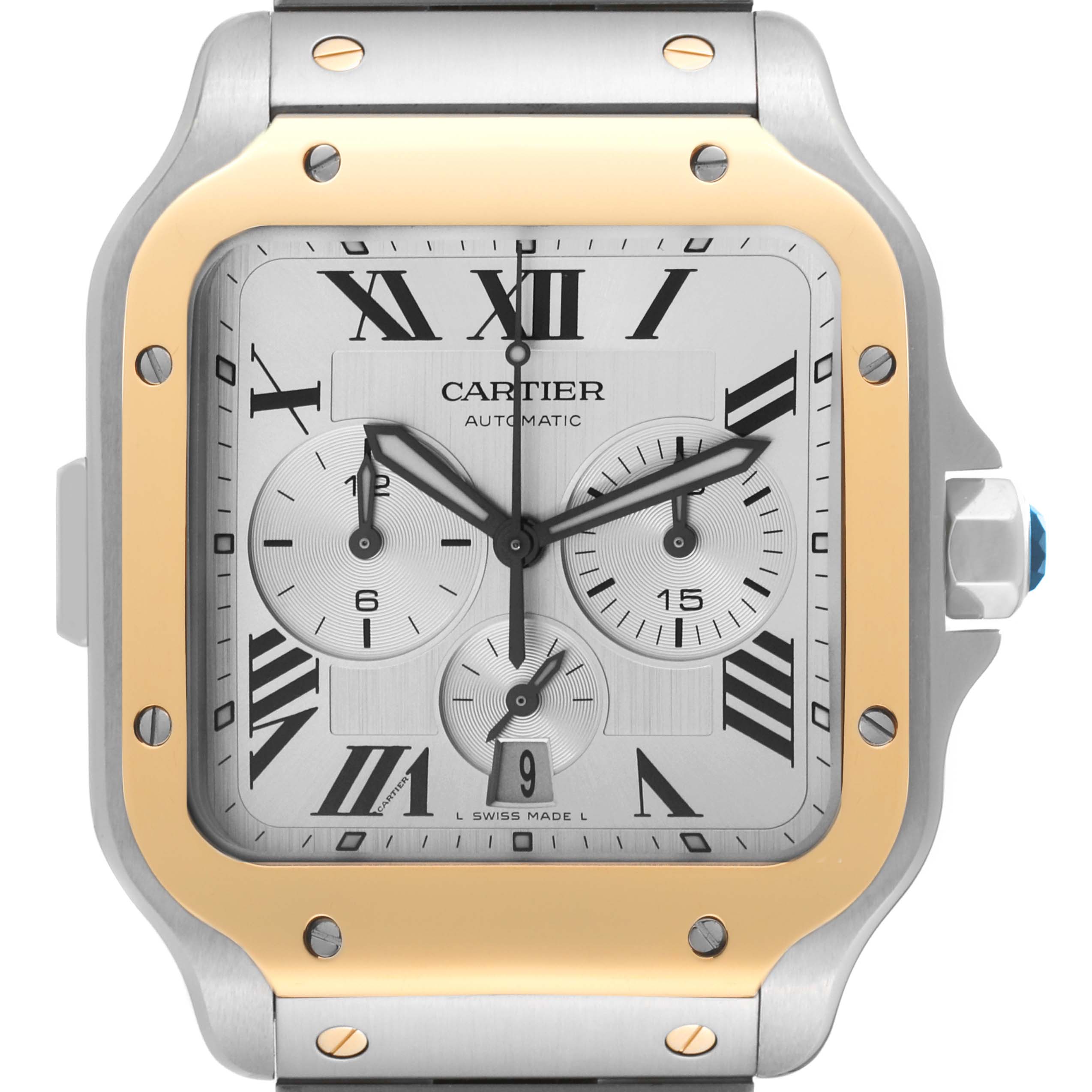 The image shows a front view of the Cartier Santos W2SA0008 Men's Steel and Gold (two tone) Silver Dial W2SA0008 Men's Steel and Gold (two tone) Silver Dial watch, highlighting its dial, hands, and bezel.
