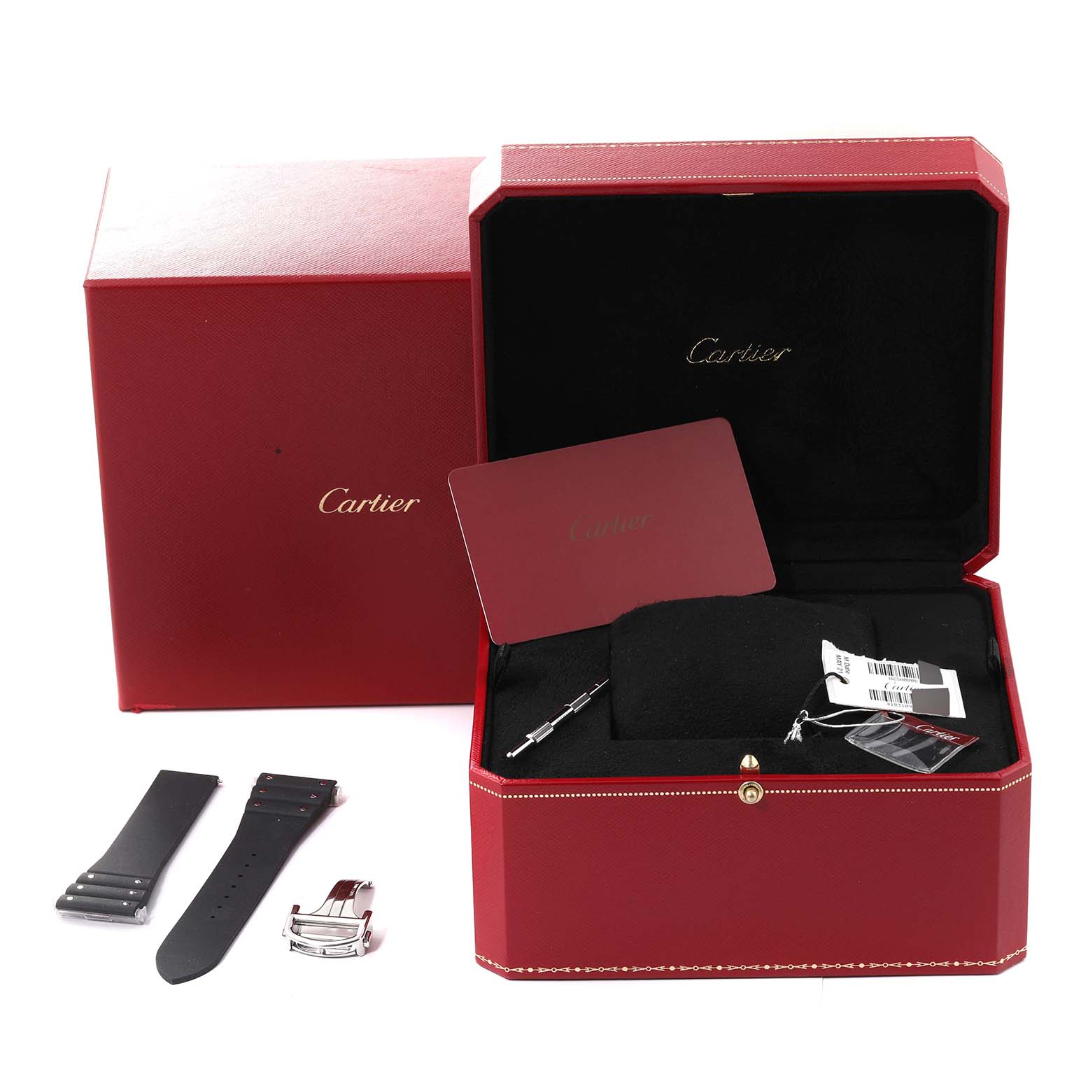 The image shows a Cartier Santos W2SA0008 Men's Steel and Gold (two tone) Silver Dial W2SA0008 Men's Steel and Gold (two tone) Silver Dial watch box with an additional strap, bracelet, deployant clasp, certificate, and tool.