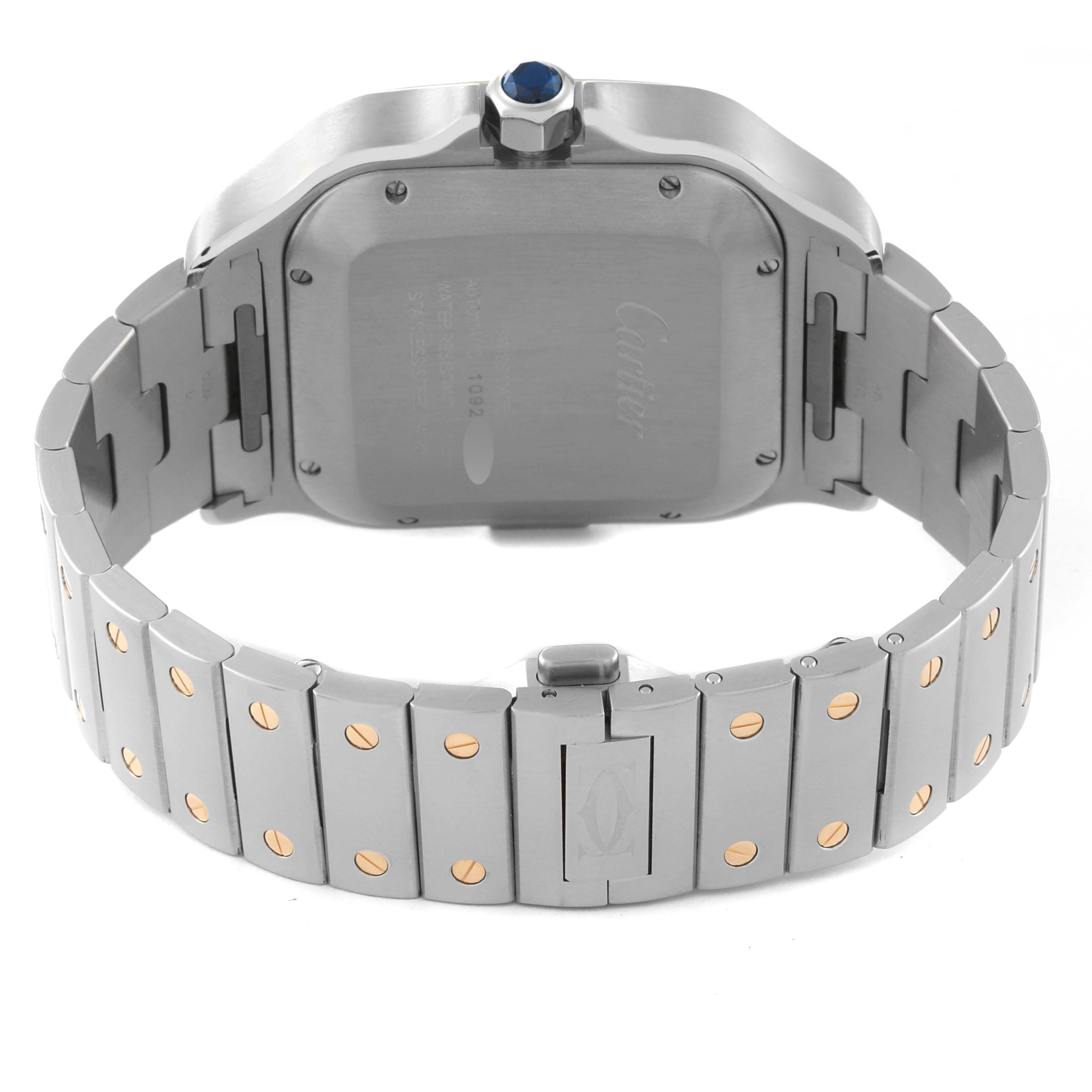 The image shows the back side and bracelet of a Cartier Santos W2SA0008 Men's Steel and Gold (two tone) Silver Dial W2SA0008 Men's Steel and Gold (two tone) Silver Dial watch, highlighting the case, crown, and clasp.