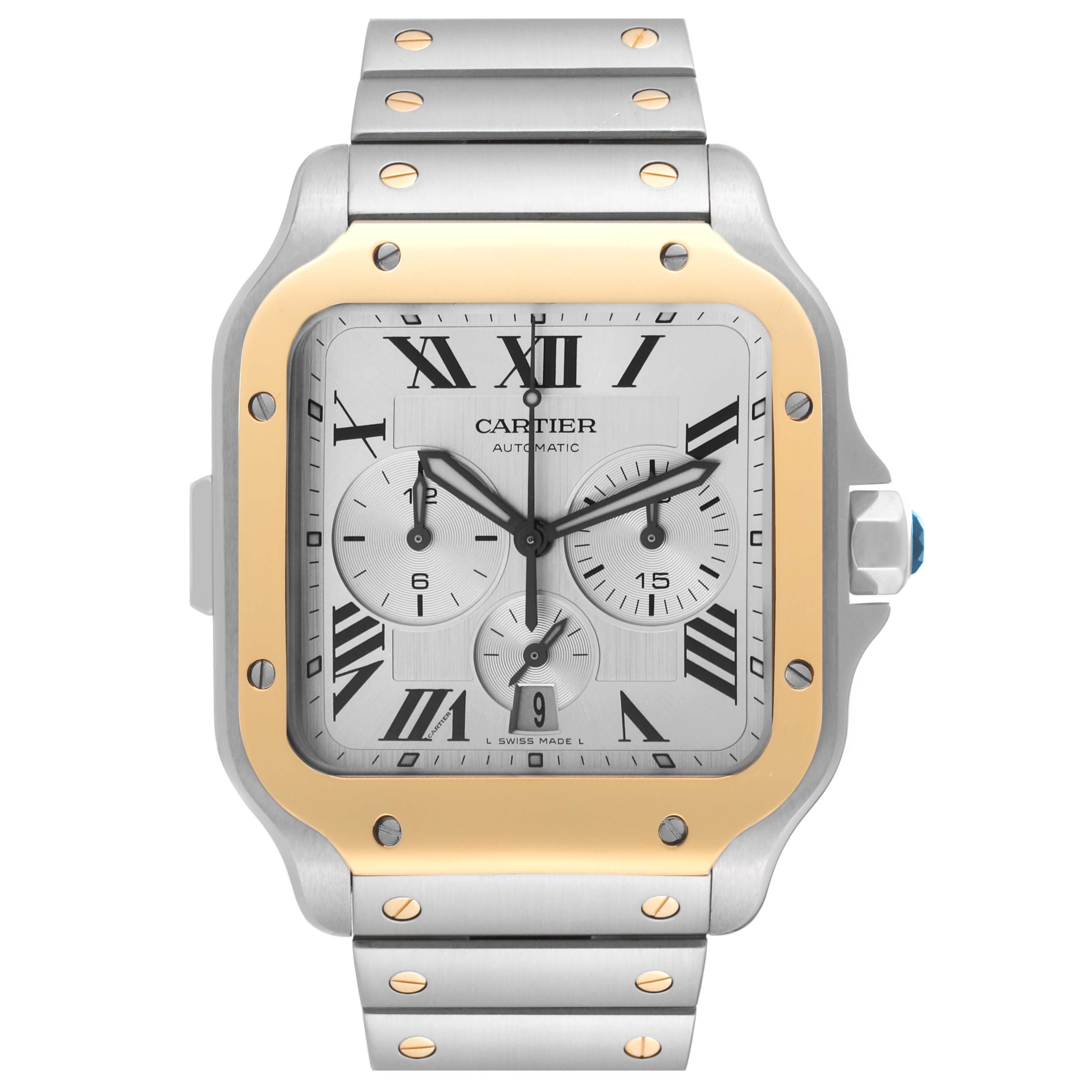 This image shows a front view of the Cartier Santos W2SA0008 Men's Steel and Gold (two tone) Silver Dial W2SA0008 Men's Steel and Gold (two tone) Silver Dial watch, displaying its face, bezel, and bracelet.