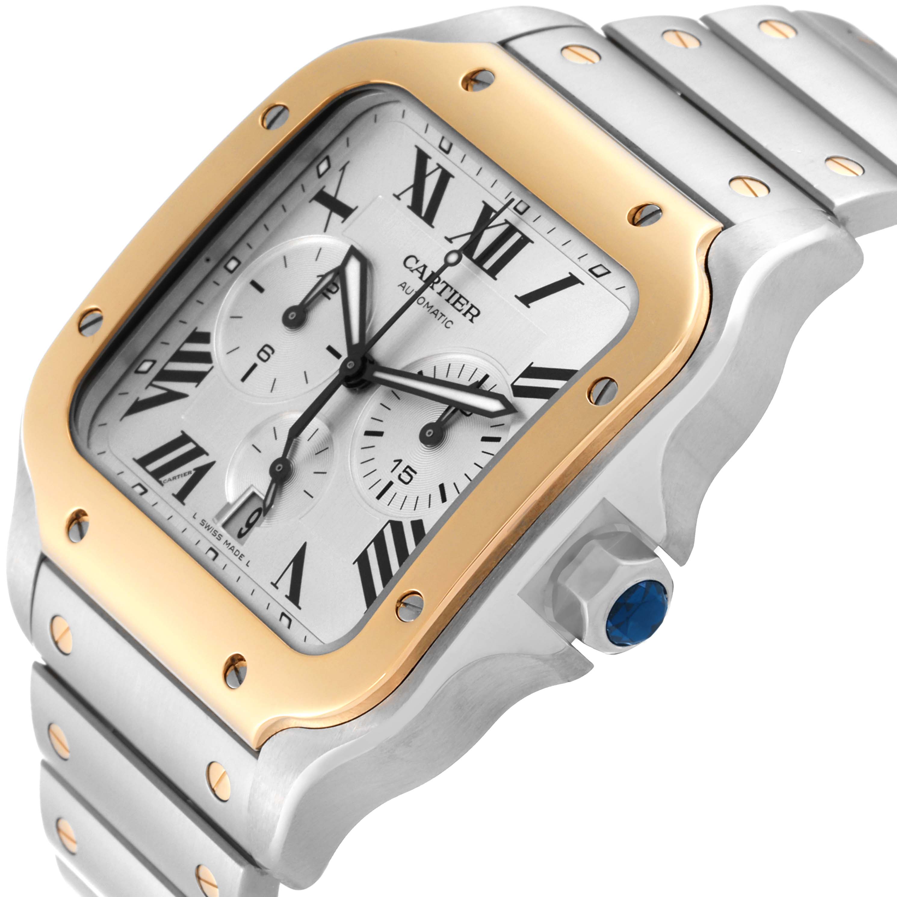 The image shows a close-up angled view of a Cartier Santos W2SA0008 Men's Steel and Gold (two tone) Silver Dial W2SA0008 Men's Steel and Gold (two tone) Silver Dial watch, highlighting its bezel, dial, crown, and bracelet.