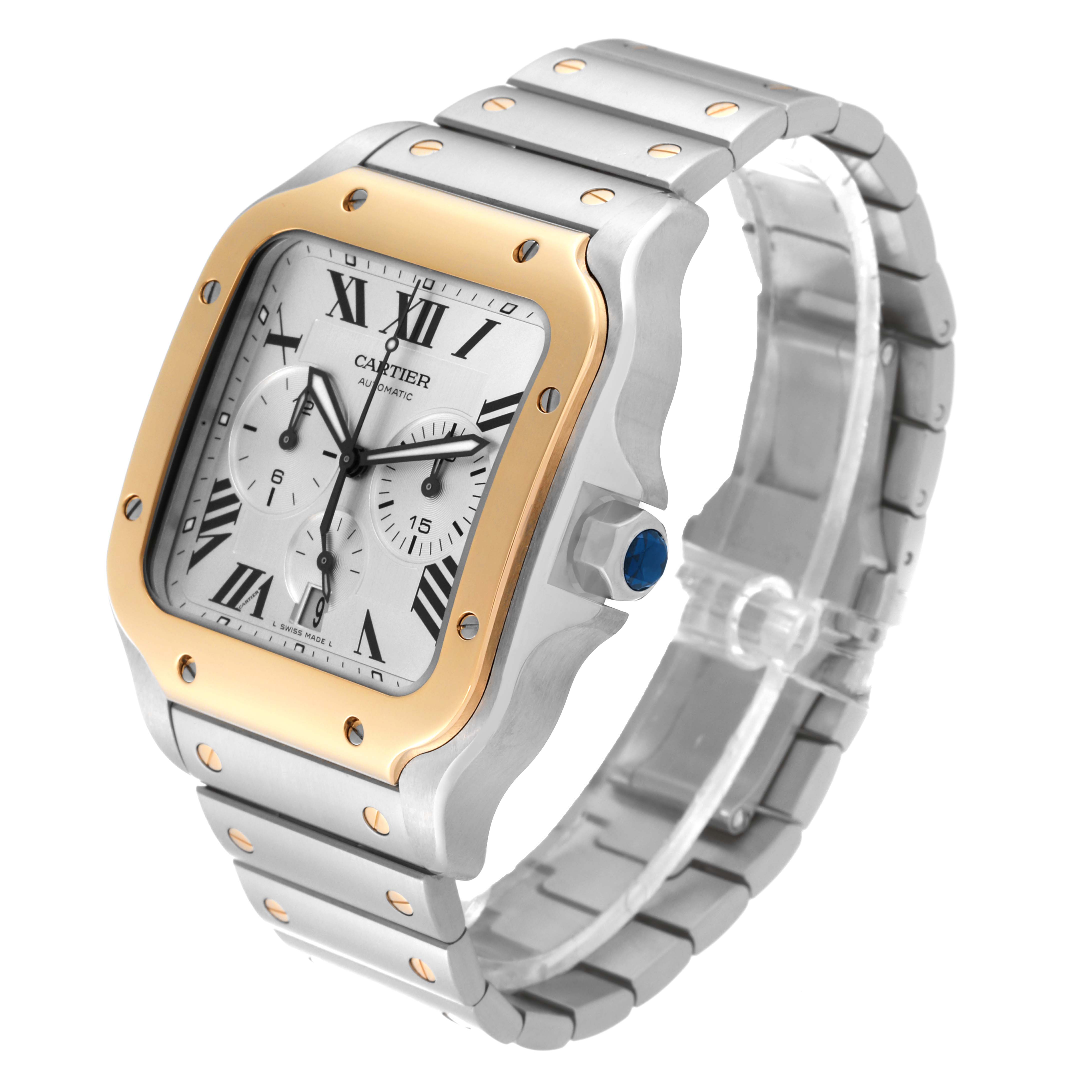 This image shows a Cartier Santos W2SA0008 Men's Steel and Gold (two tone) Silver Dial W2SA0008 Men's Steel and Gold (two tone) Silver Dial watch at an angle displaying its face, bezel, crown, and part of the bracelet.
