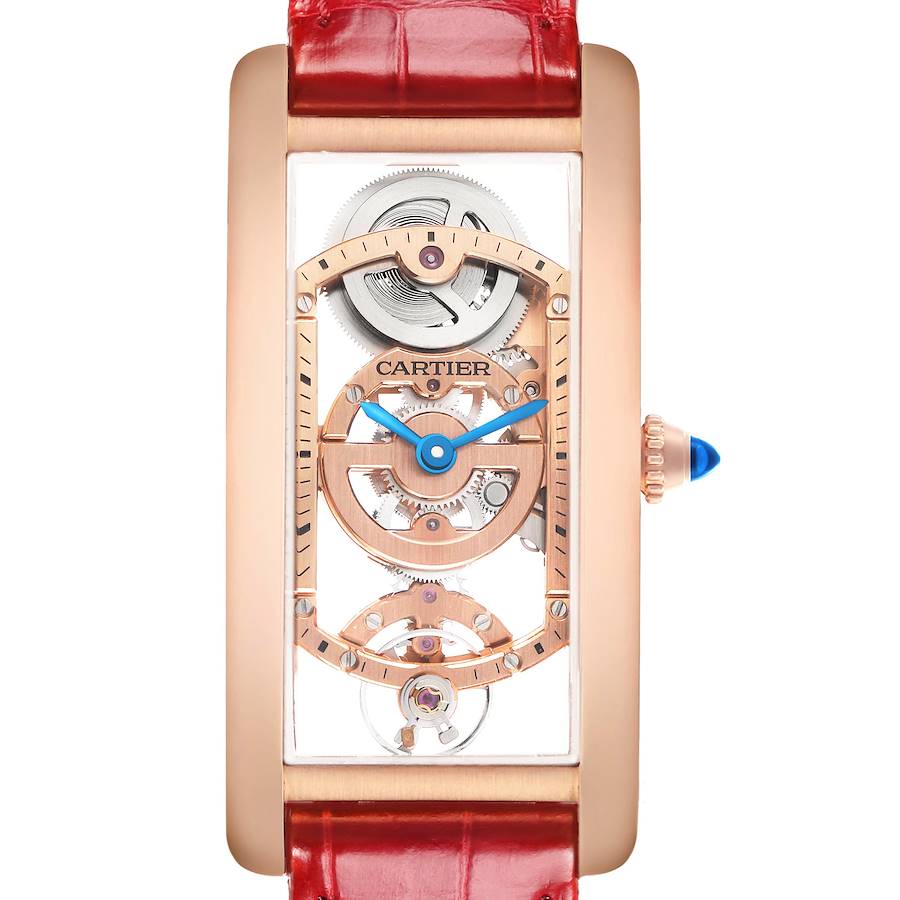 The Cartier Tank Cintree WHTA0008 Men's Rose Gold Transparent Dial watch is shown from the front, highlighting its skeleton dial and red leather strap.