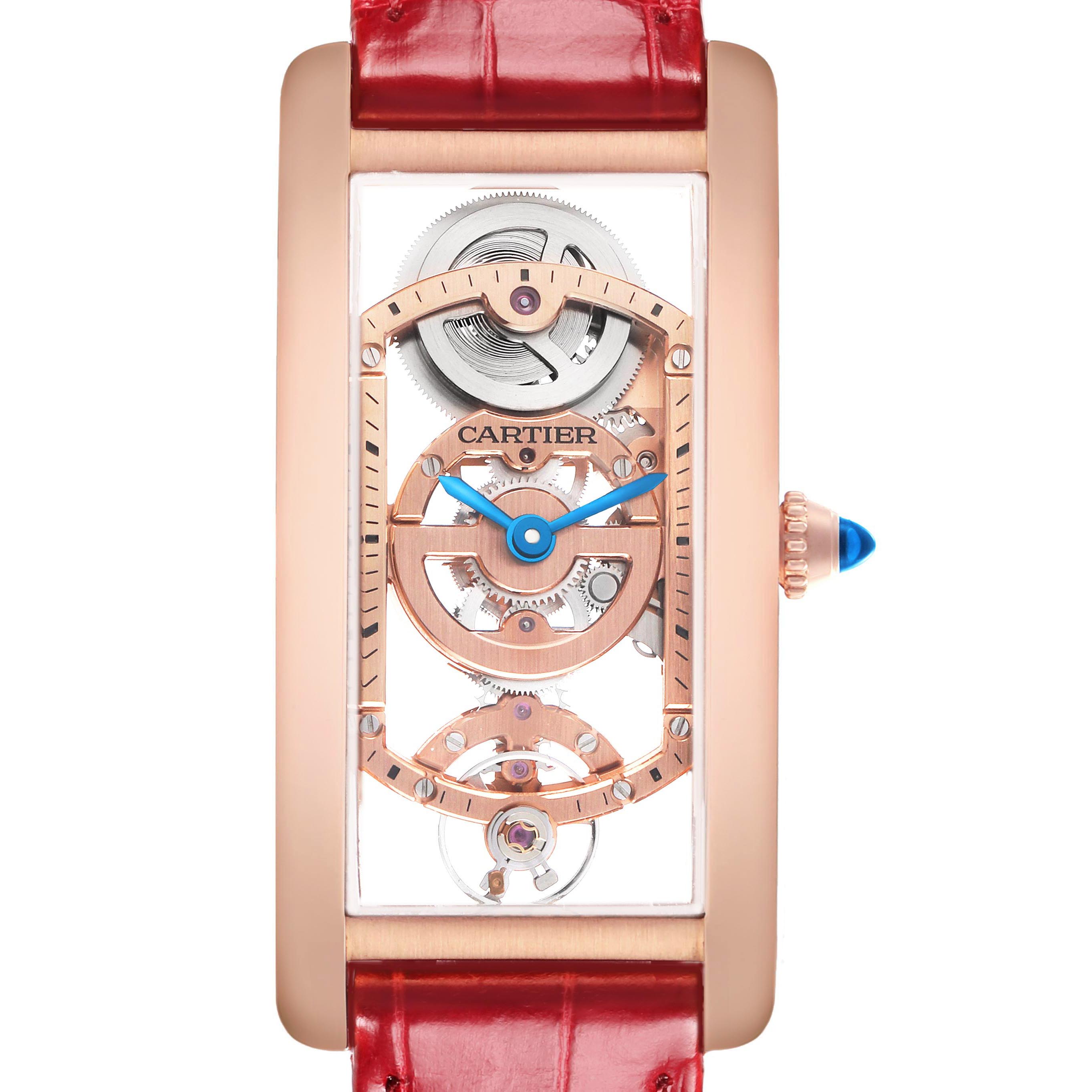 The Cartier Tank Cintree WHTA0008 Men's Rose Gold Transparent Dial watch is shown from the front, displaying its rectangular face, gears, blue hands, and red strap.