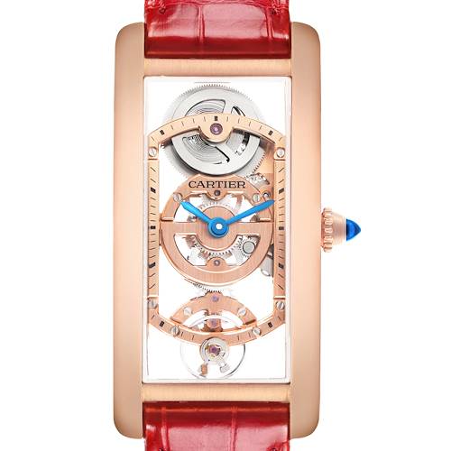 The Cartier Tank Cintree WHTA0008 Men's Rose Gold Transparent Dial watch is shown from the front, highlighting its open skeleton design and red strap.
