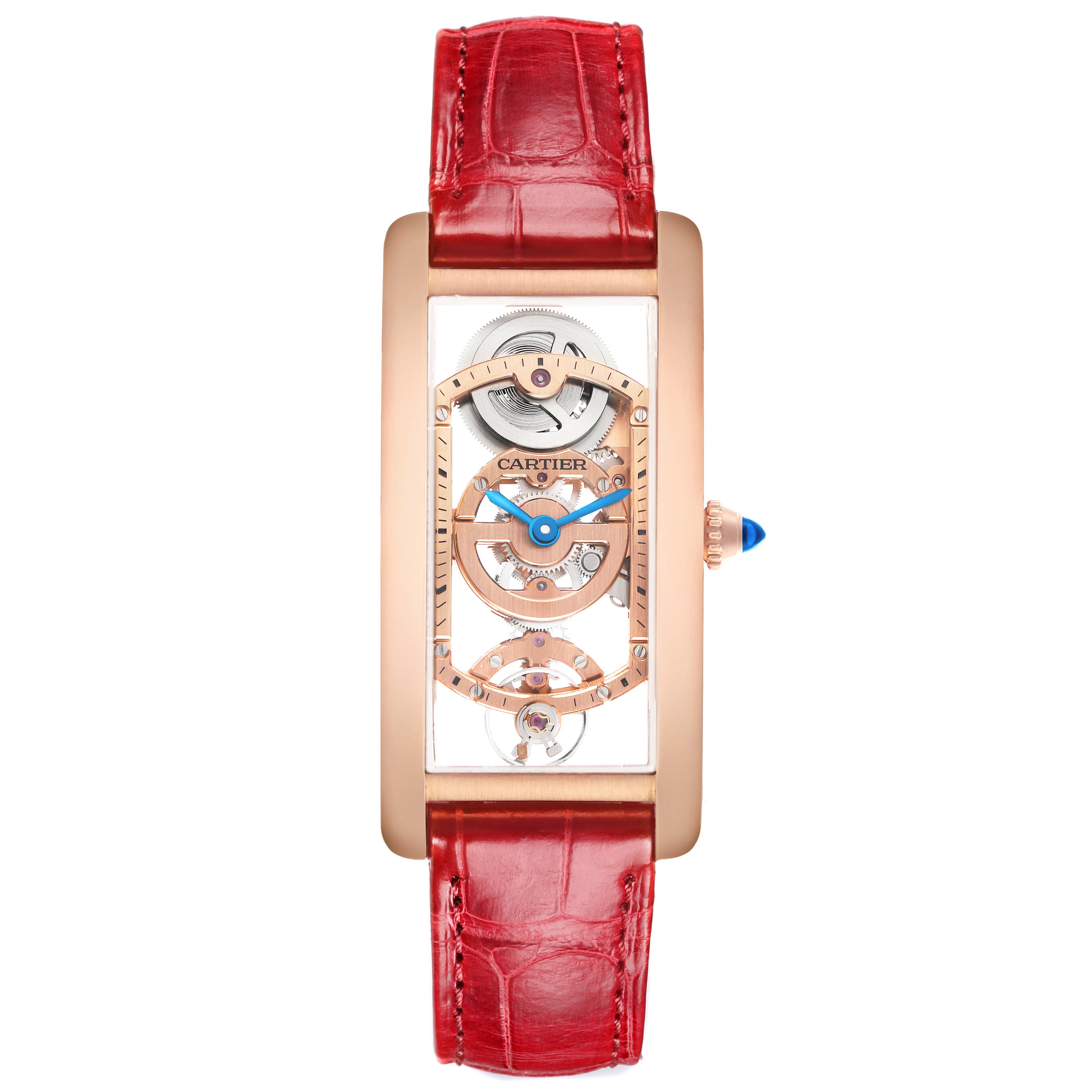 The Cartier Tank Cintree WHTA0008 Men's Rose Gold Transparent Dial watch is shown from a top-down view, highlighting its rectangular face, mechanical movement, and red strap.