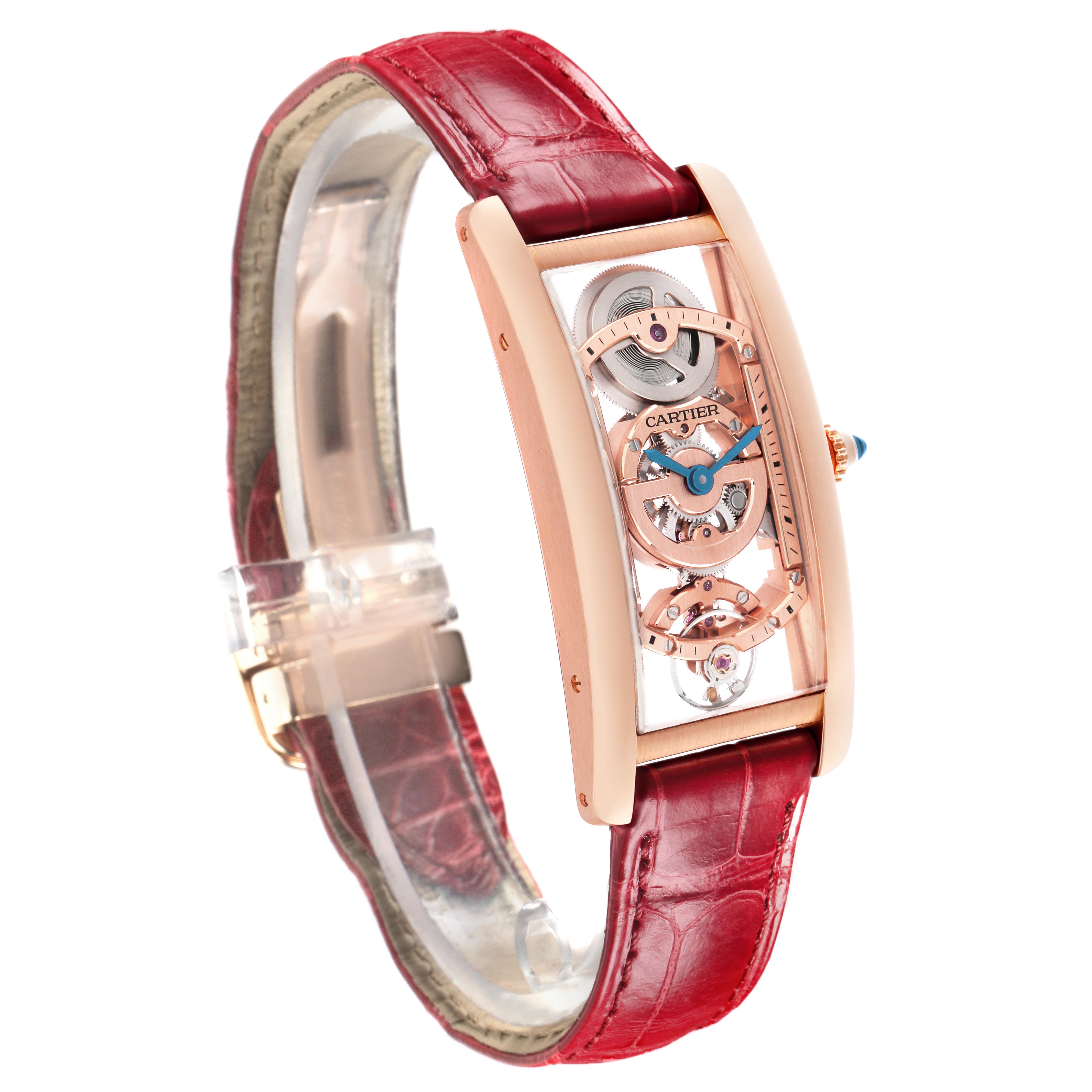 The Cartier Tank Cintrée is shown at a side angle, displaying its curved case, skeleton dial, and red leather strap.
