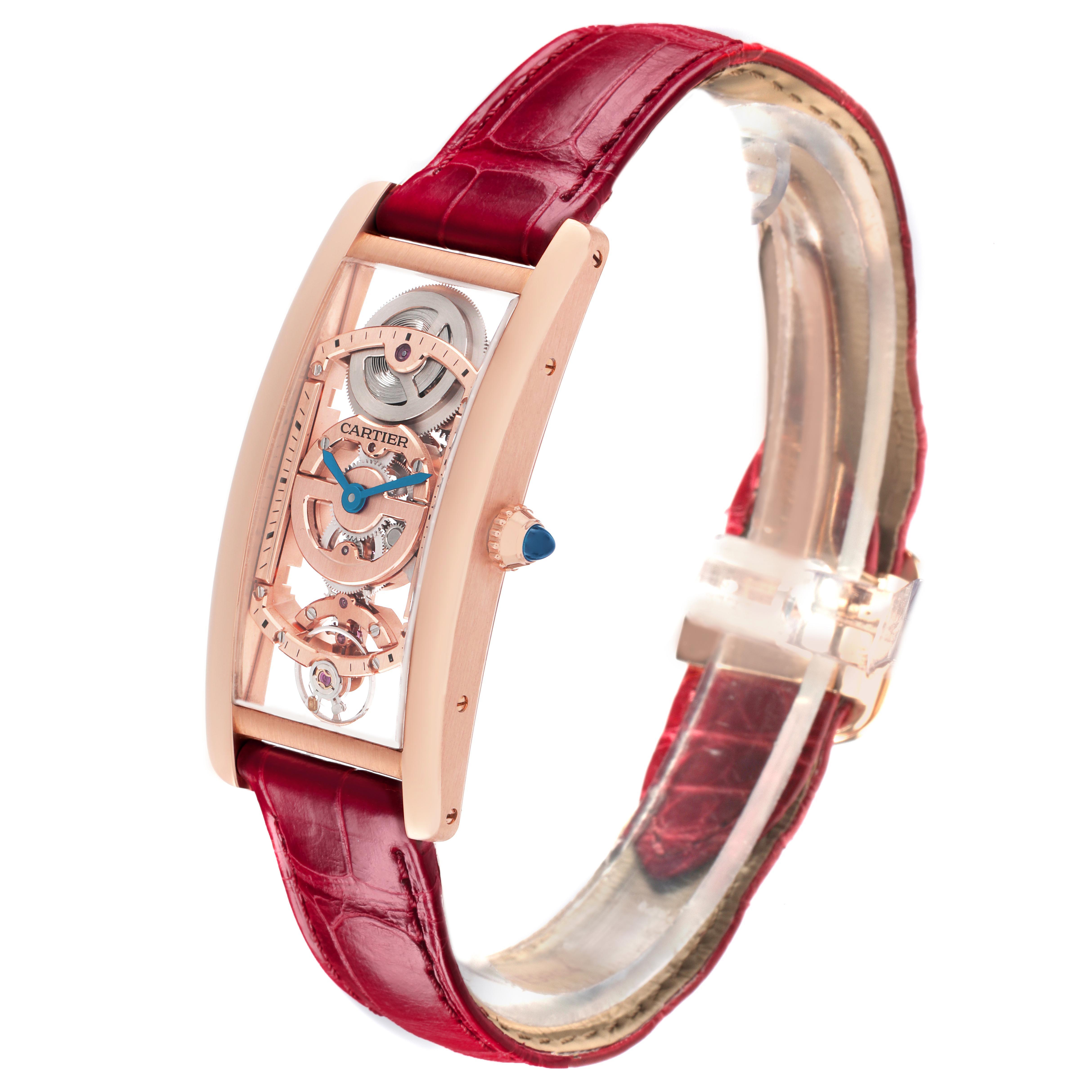The Cartier Tank Cintrée is shown from a side angle, highlighting the open skeleton dial, crown, and red leather strap.