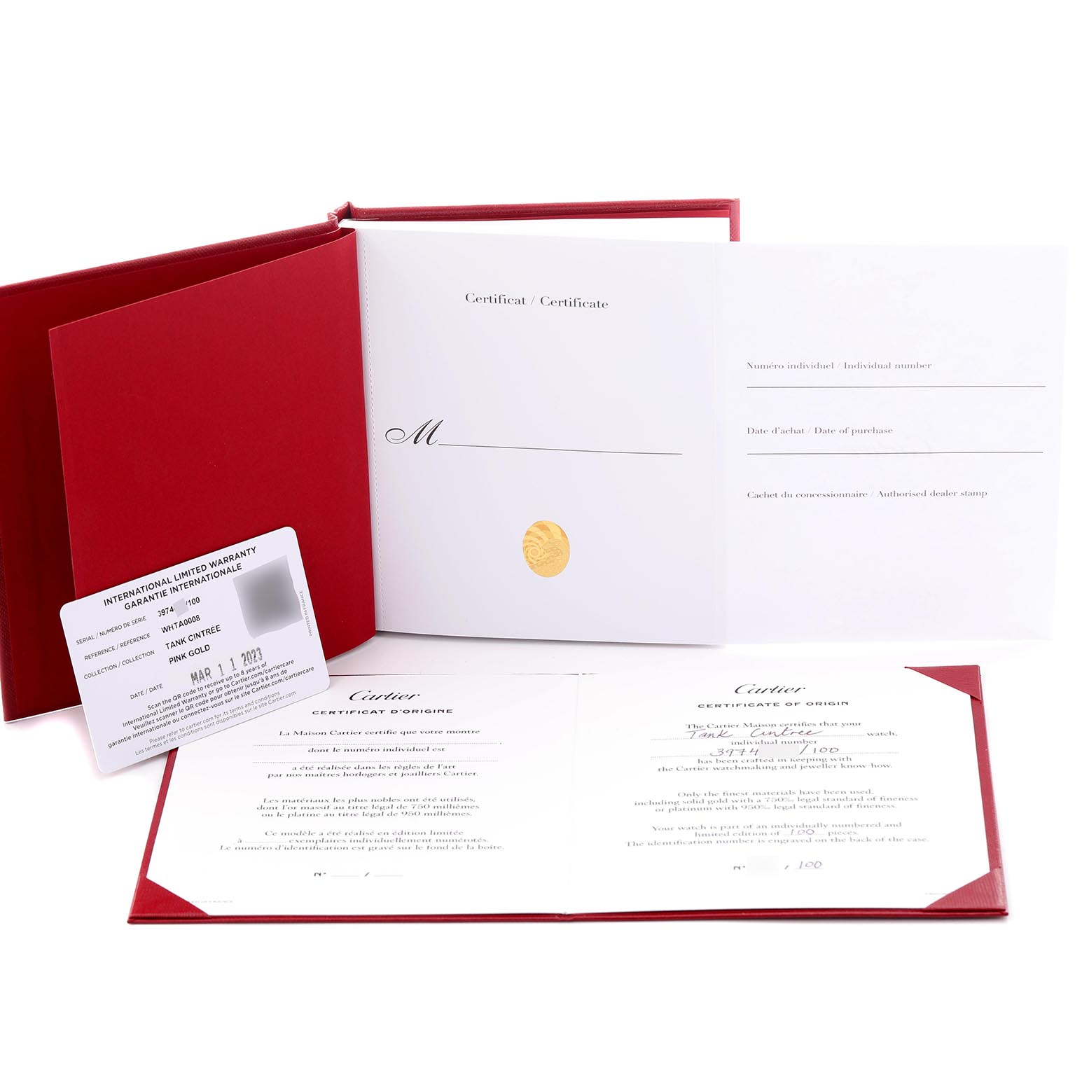 The image shows the Cartier Tank Cintree WHTA0008 Men's Rose Gold Transparent Dial WHTA0008 Men's Rose Gold Transparent Dial model's documentation, warranty card, and certificate in an open red folder.