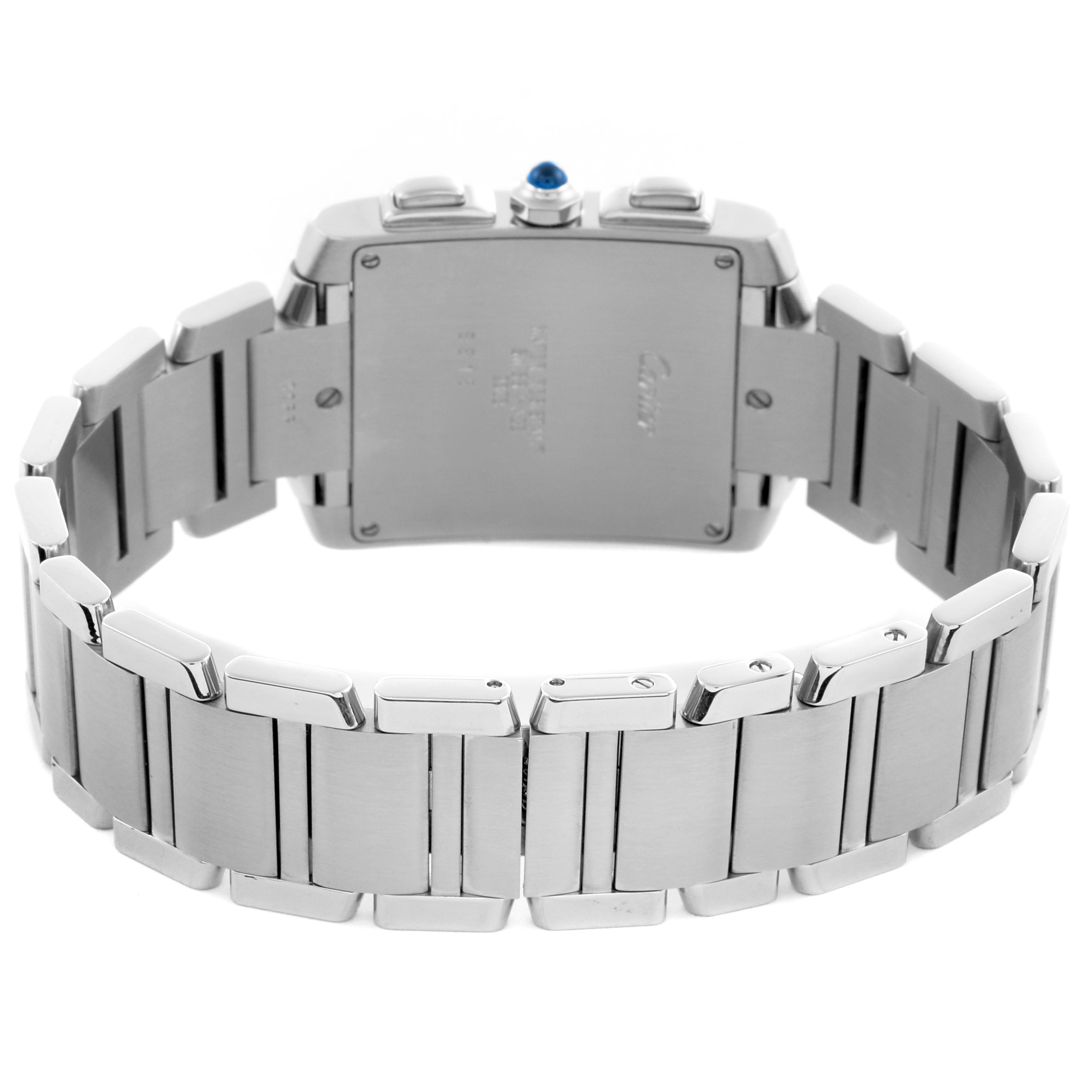 The image shows the back and bracelet of a Cartier Tank Française watch, highlighting the clasp and links.