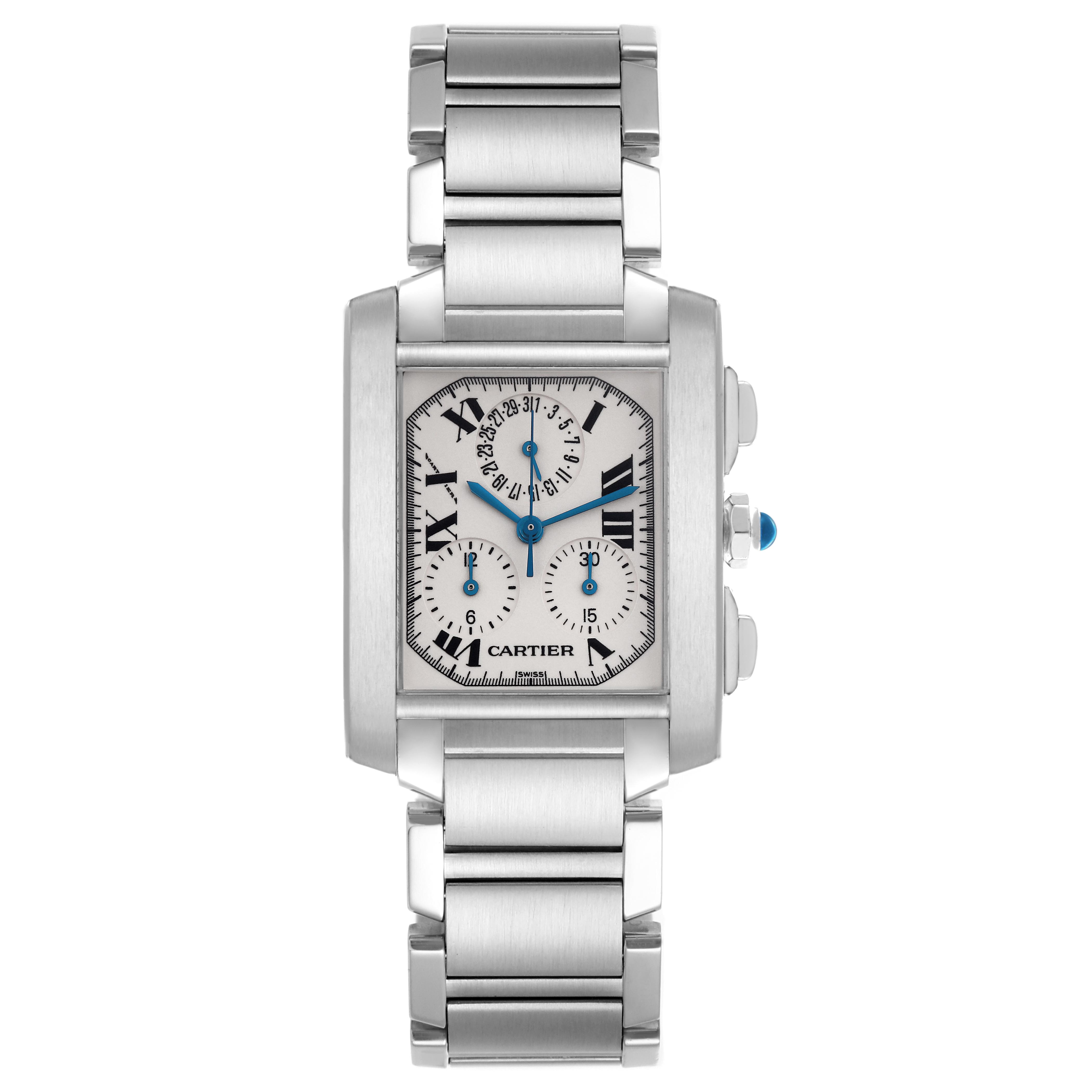 The Cartier Tank Francaise W51001Q3 Men's Stainless Steel Silver Dial W51001Q3 Men's Stainless Steel Silver Dial watch is shown from a top-down angle, displaying its rectangular face, metal bracelet, and crown.