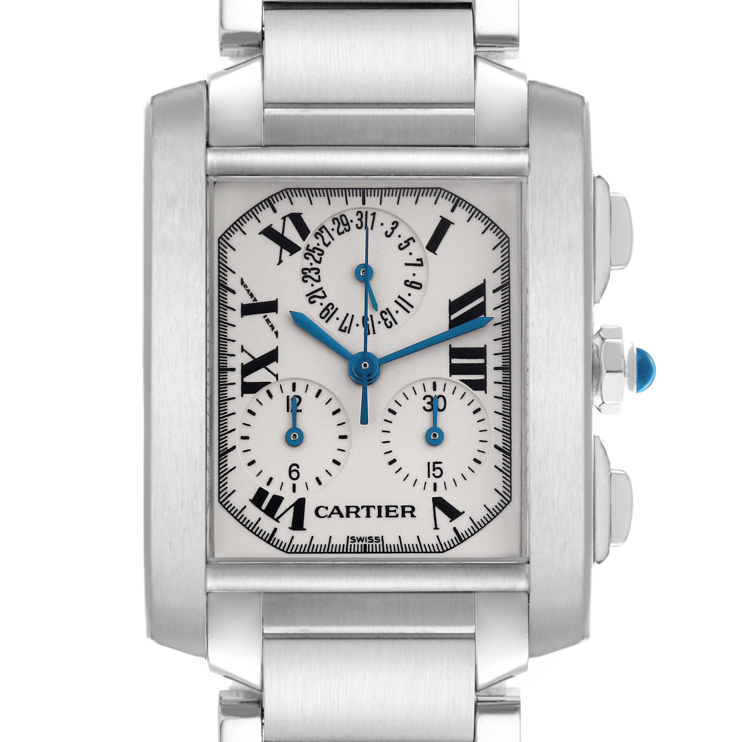 The Cartier Tank Française model is shown from a front angle, displaying its dial, chronograph sub-dials, and blue hands.