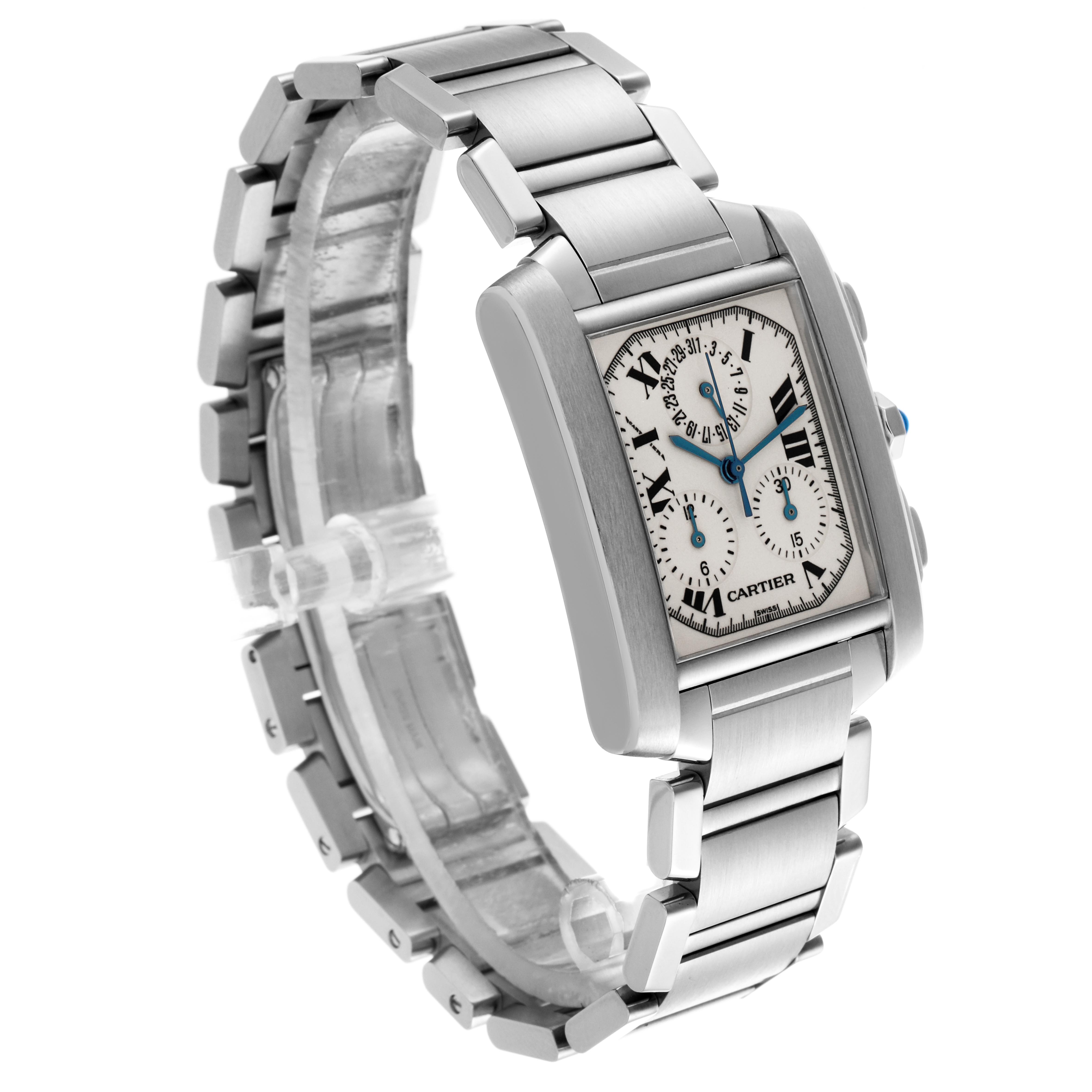 The Cartier Tank Française watch is shown at a three-quarter angle, highlighting the bracelet and rectangular case.