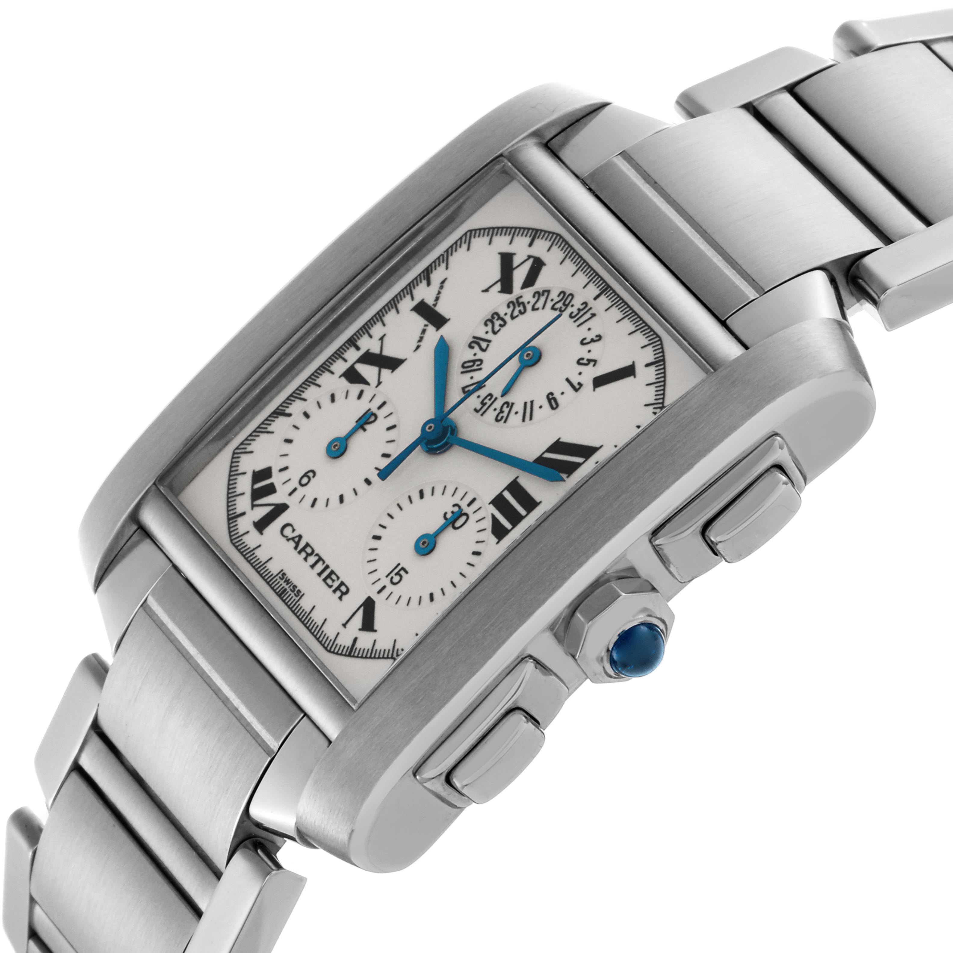 The Cartier Tank Francaise W51001Q3 Men's Stainless Steel Silver Dial W51001Q3 Men's Stainless Steel Silver Dial watch is shown at an angle highlighting the face, chronograph dials, and part of the bracelet.