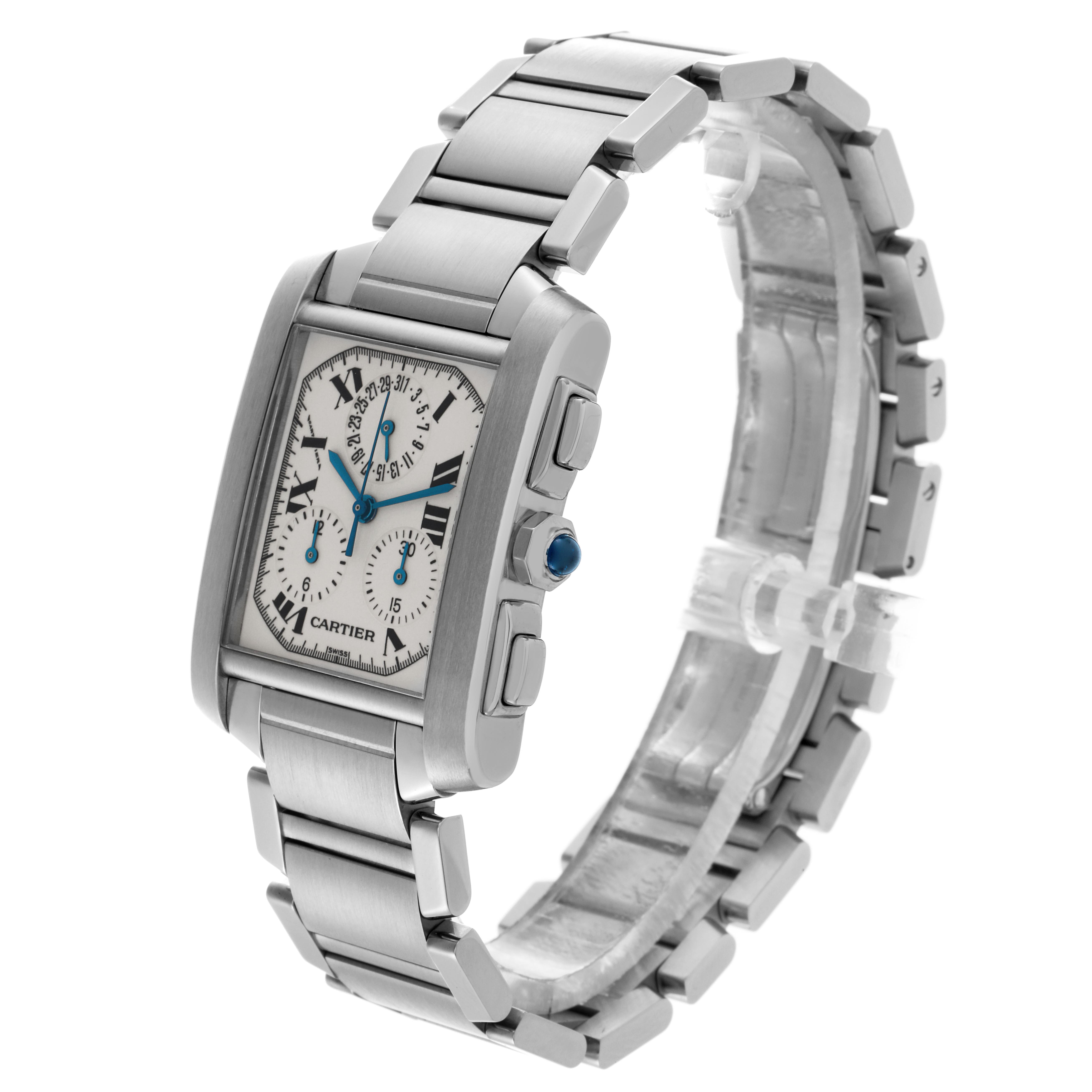 The Cartier Tank Francaise W51001Q3 Men's Stainless Steel Silver Dial W51001Q3 Men's Stainless Steel Silver Dial watch is shown at a three-quarter angle, highlighting the rectangular face, bracelet, and side crown.