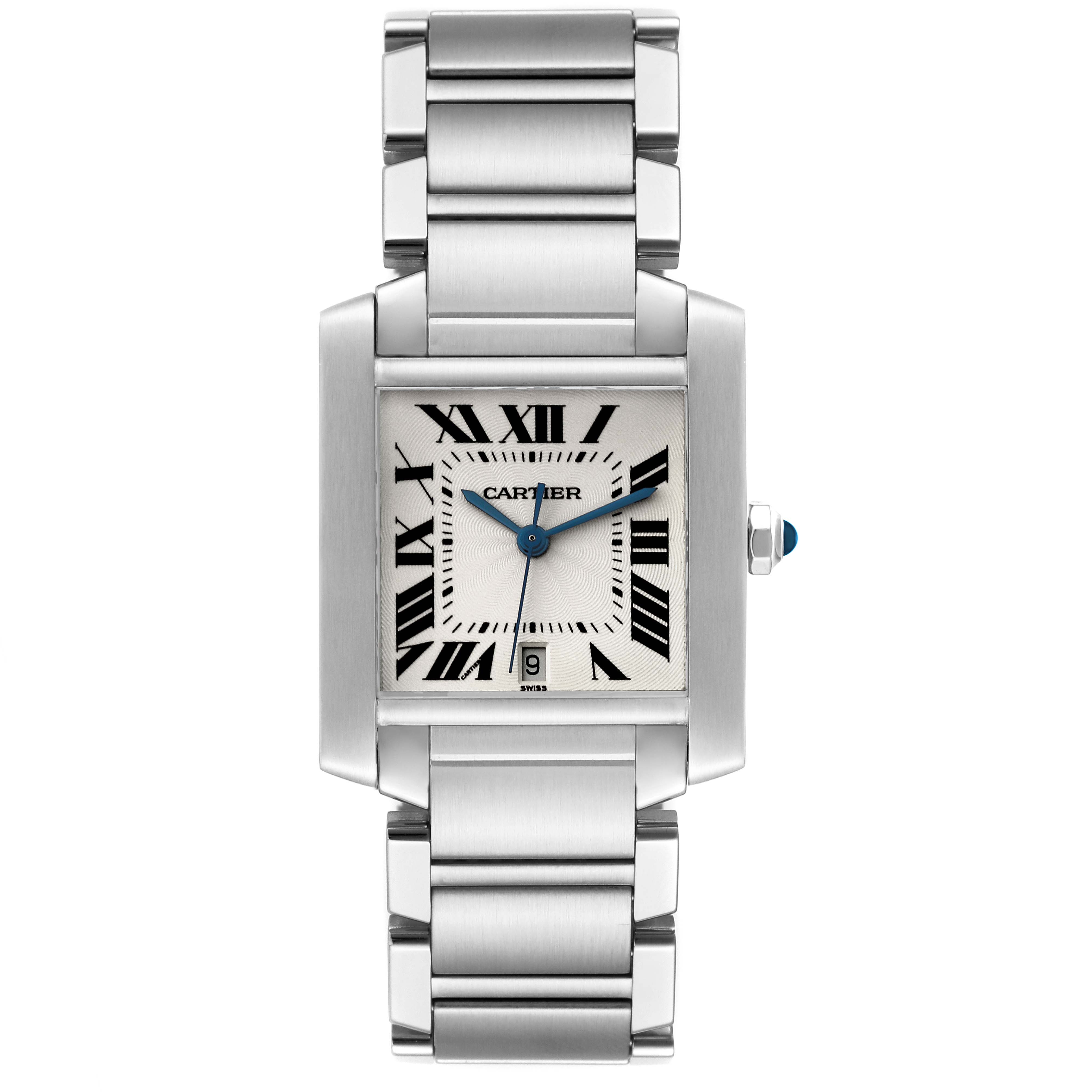 The image shows a frontal view of the Cartier Tank Francaise W51002Q3 Men
s Stainless Steel Silver Dial W51002Q3 Men
s Stainless Steel Silver Dial watch, highlighting its rectangular face and metallic bracelet.