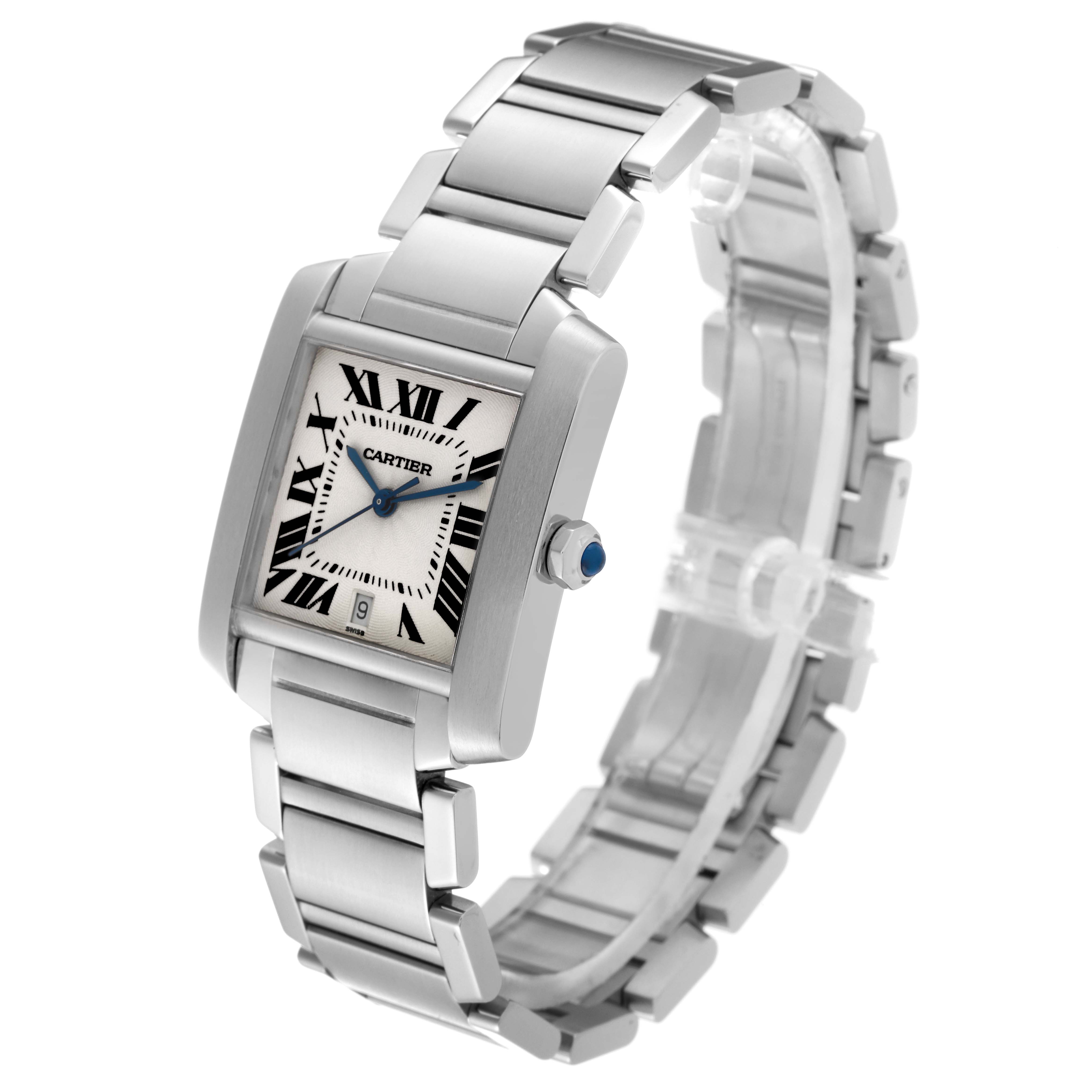 The image shows a Cartier Tank Francaise W51002Q3 Men
s Stainless Steel Silver Dial W51002Q3 Men
s Stainless Steel Silver Dial watch angled to display its face, bracelet, and side crown.