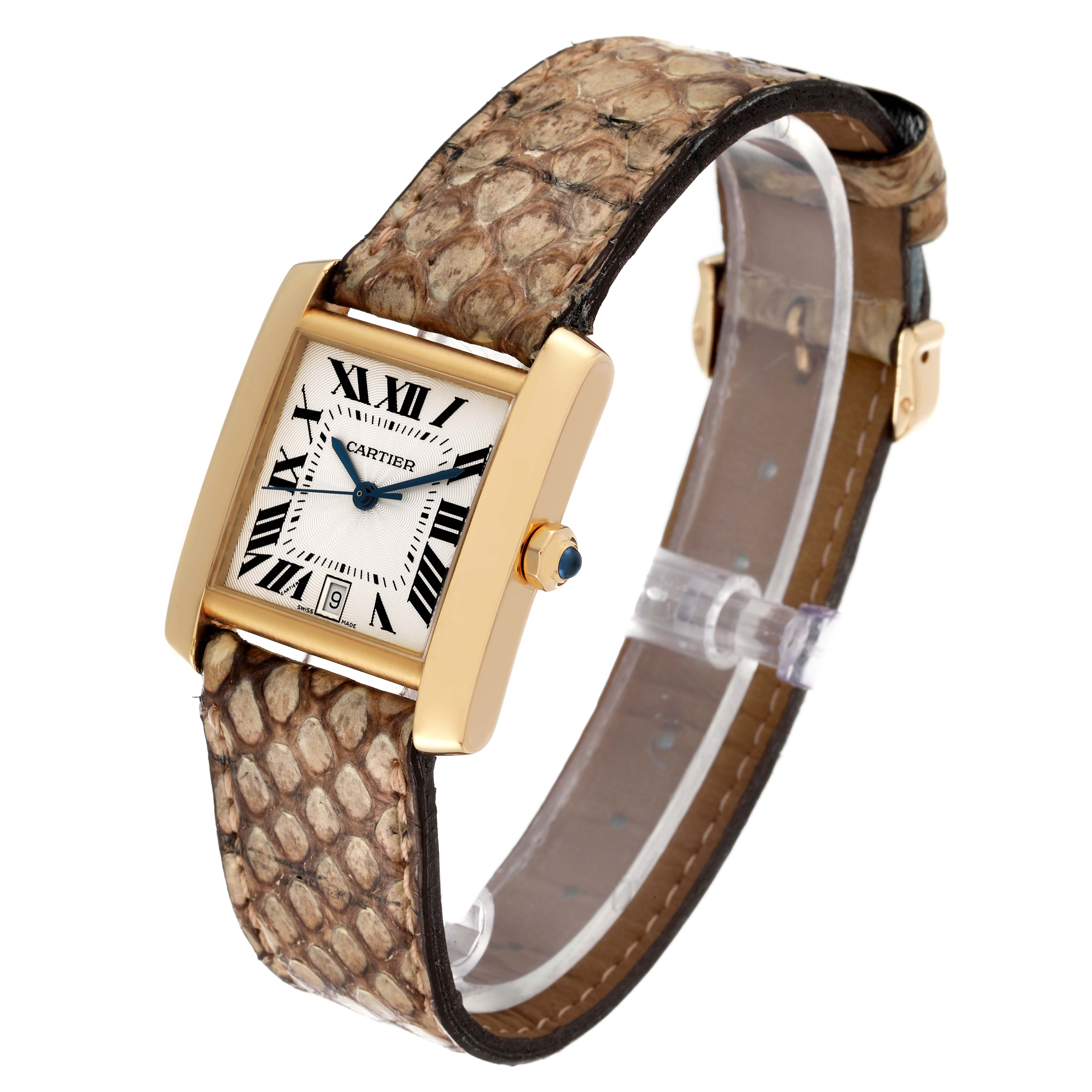 This Cartier Tank Francaise W5000156 Men's Yellow Gold Silver Dial W5000156 Men's Yellow Gold Silver Dial watch is shown at a three-quarter angle, highlighting the face, crown, and textured strap.