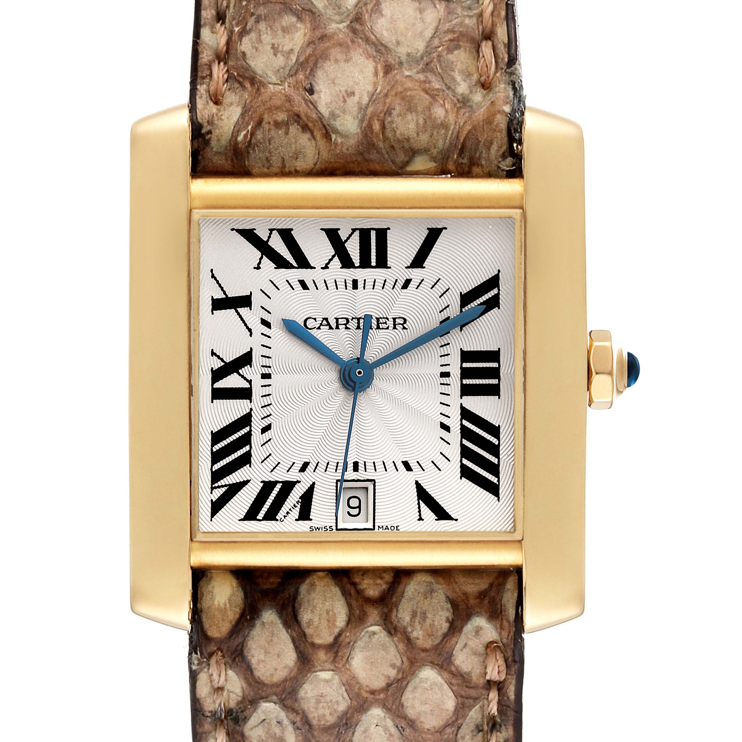 The image shows a front view of the Cartier Tank Francaise W5000156 Men's Yellow Gold Silver Dial W5000156 Men's Yellow Gold Silver Dial watch, highlighting the face, hands, date, and part of the strap.