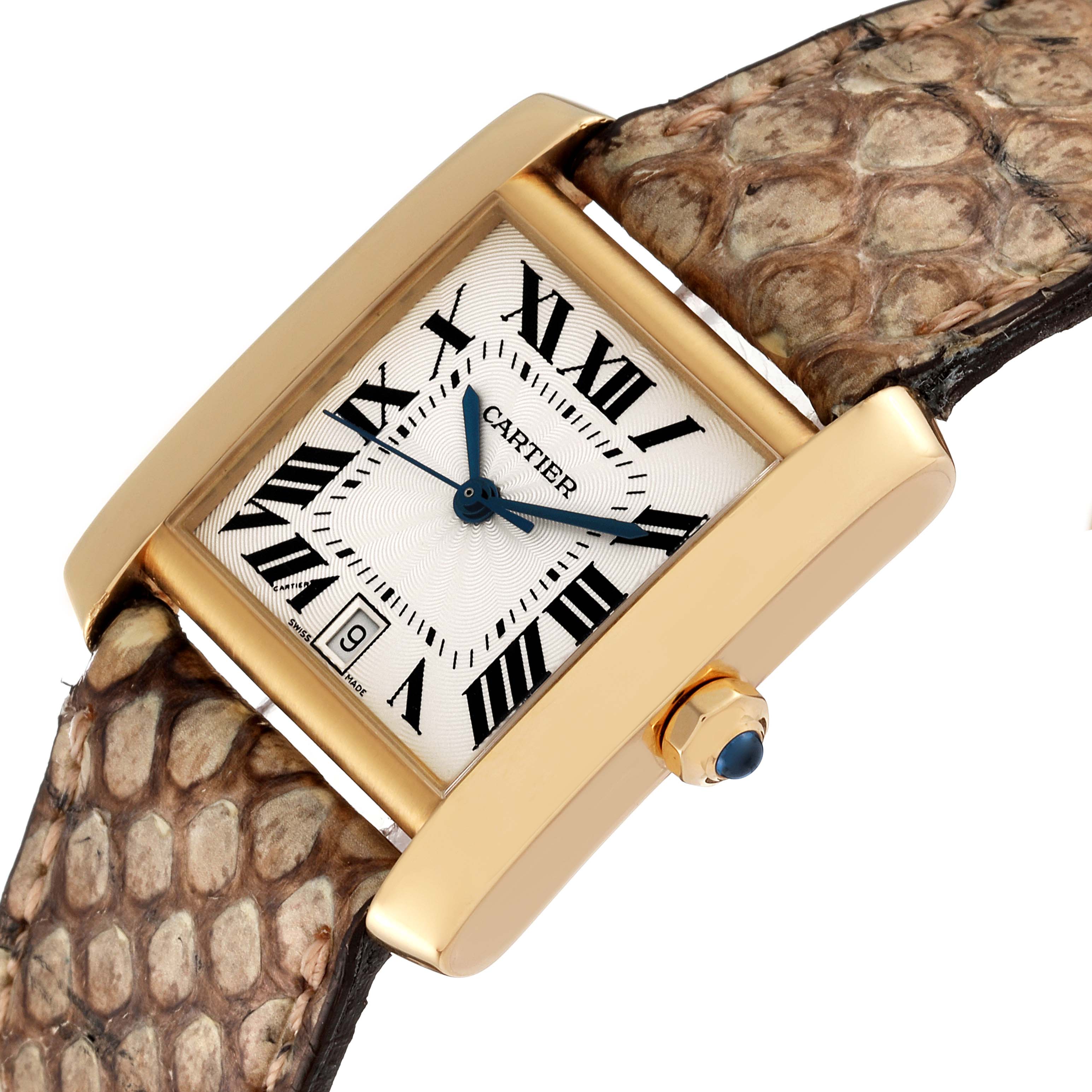 This Cartier Tank Francaise W5000156 Men's Yellow Gold Silver Dial W5000156 Men's Yellow Gold Silver Dial watch displays the dial, Roman numerals, gold case, crown, and leather strap at an oblique angle.