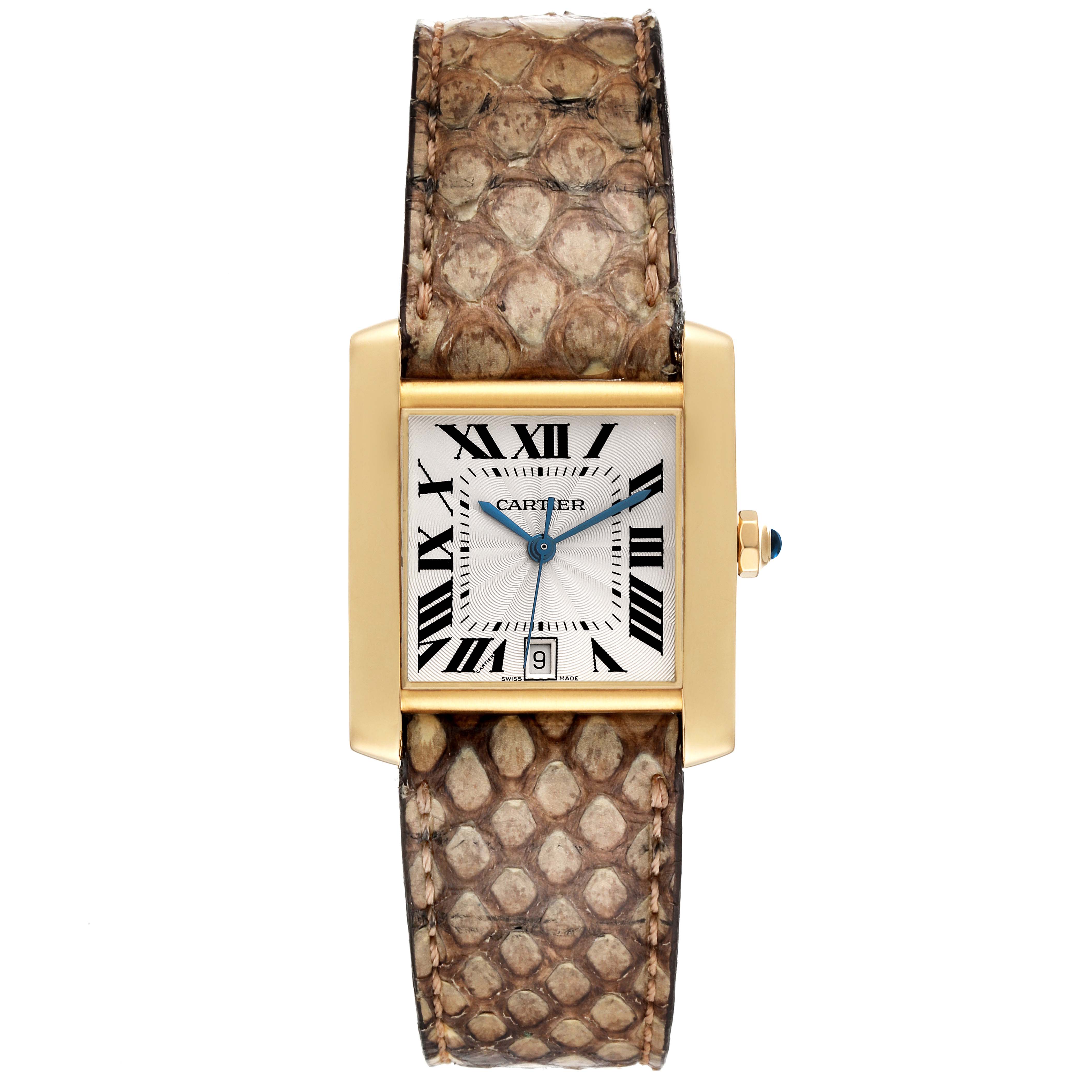 The image shows a frontal view of the Cartier Tank Francaise W5000156 Men's Yellow Gold Silver Dial W5000156 Men's Yellow Gold Silver Dial watch with a snakeskin strap, Roman numeral dial, and date function.